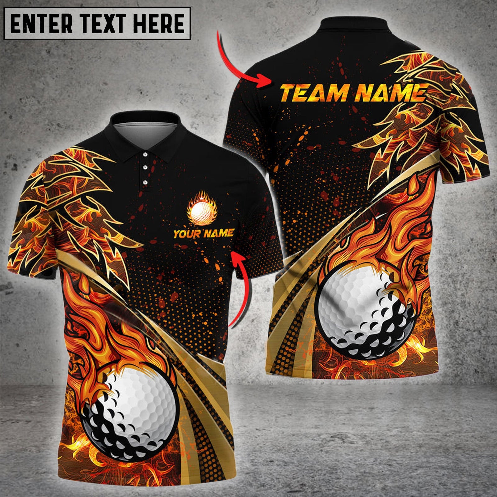 BlueJose Golf Fire Golden Line Premium Multicolor Option Customized Name, Team Name 3D Polo Shirt (6 Colors)