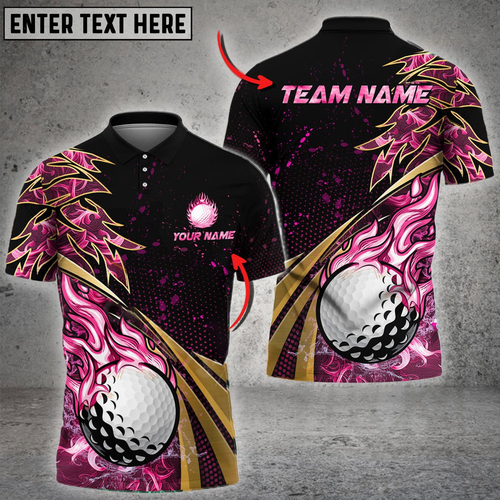 BlueJose Golf Fire Golden Line Premium Multicolor Option Customized Name, Team Name 3D Polo Shirt (6 Colors)