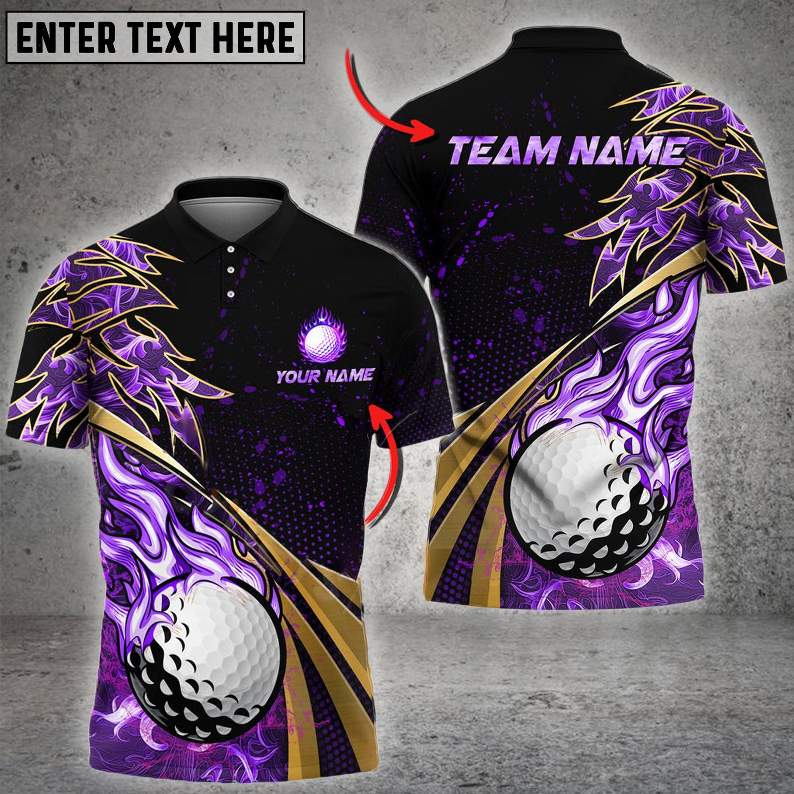 BlueJose Golf Fire Golden Line Premium Multicolor Option Customized Name, Team Name 3D Polo Shirt (6 Colors)