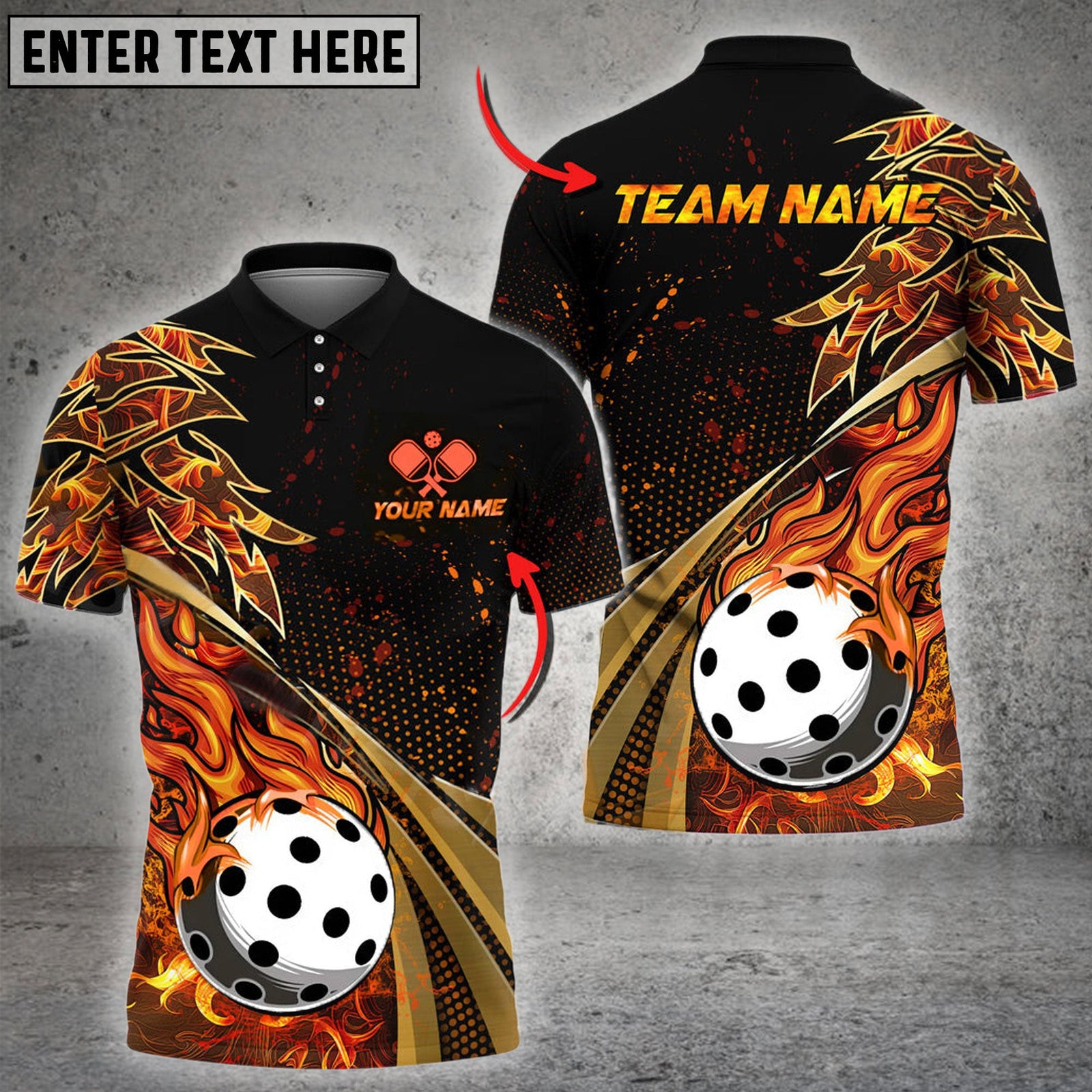 BlueJose Pickleball Ball Fire Golden Line Premium Personalized Name, Team Name Unisex Shirt (4 Colors)