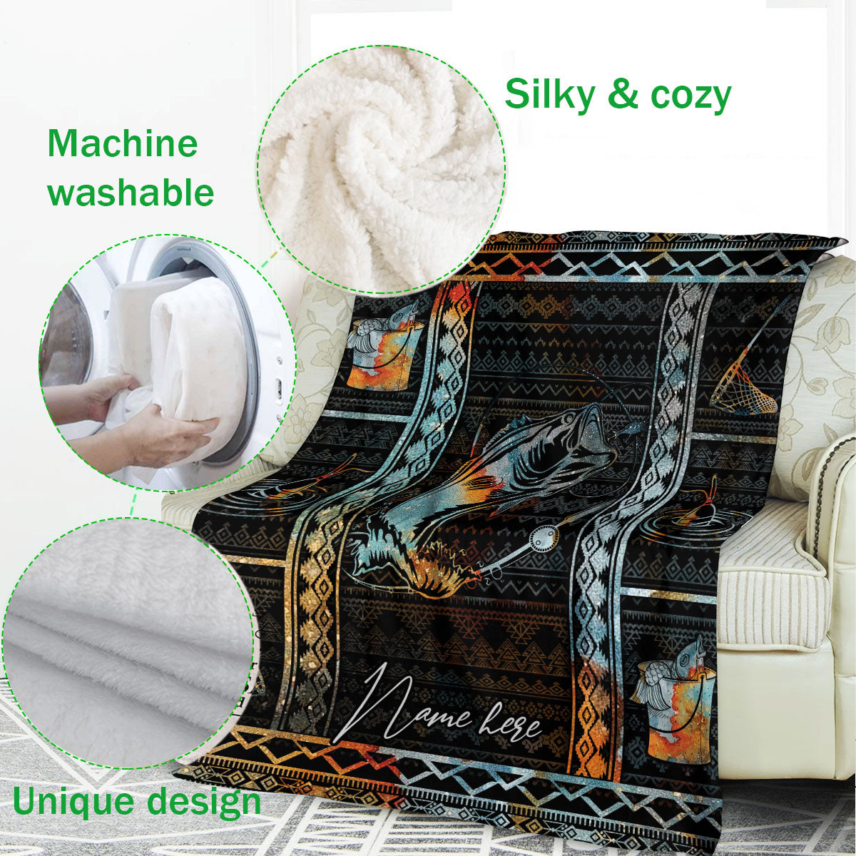 BlueJose Custom Name Vintage Fly Bass Fishing Blanket