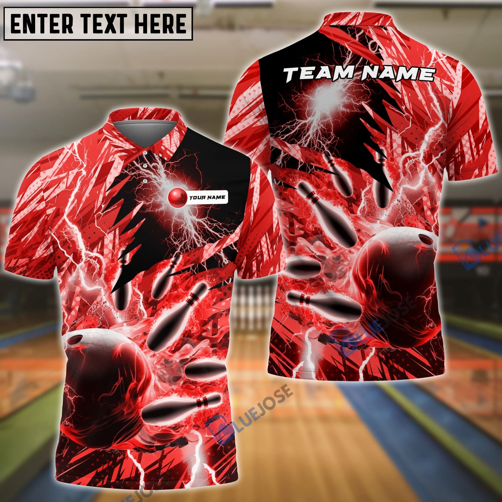 BlueJose Bowling and Pins Color Lightning Personalized Name, Team Name 3D Shirt (4 Colors)