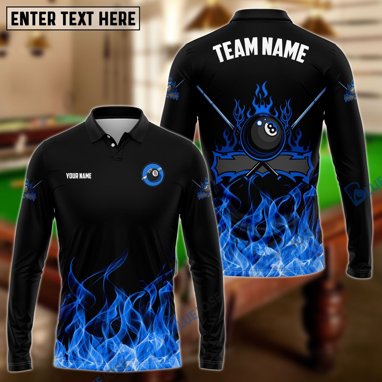 BlueJose Personalized Billiards 8-Ball Fire Pattern Shirt (Blue, Green, Yellow & Red)