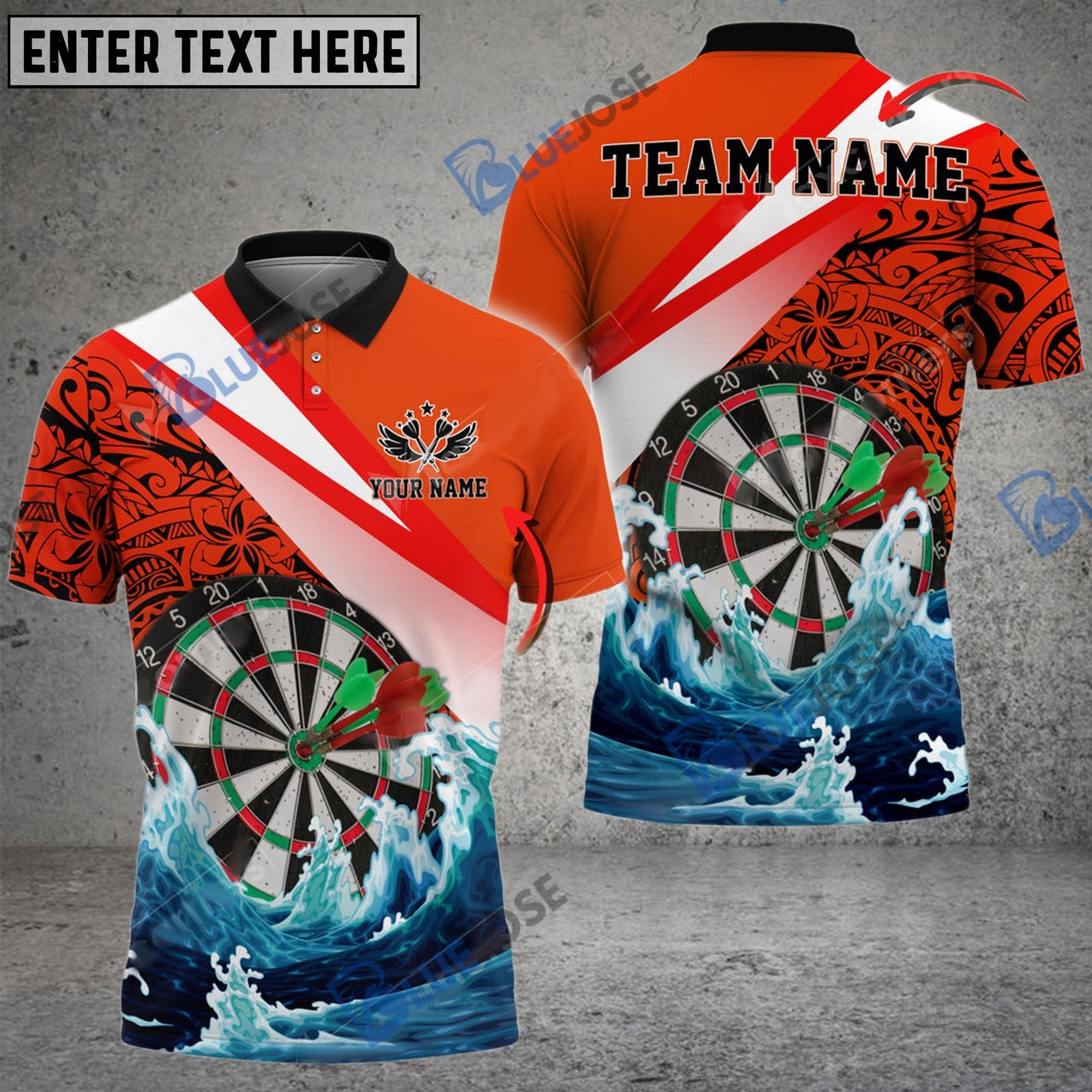 BlueJose Darts Ocean Waves Tattoo Pattern Personalized Name, Team Name Shirt (4 Colors)
