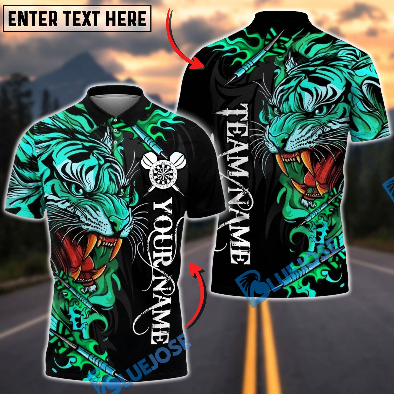 BlueJose Darts Power Tiger Multicolor Options Personalized Name Shirt (5 Colors)