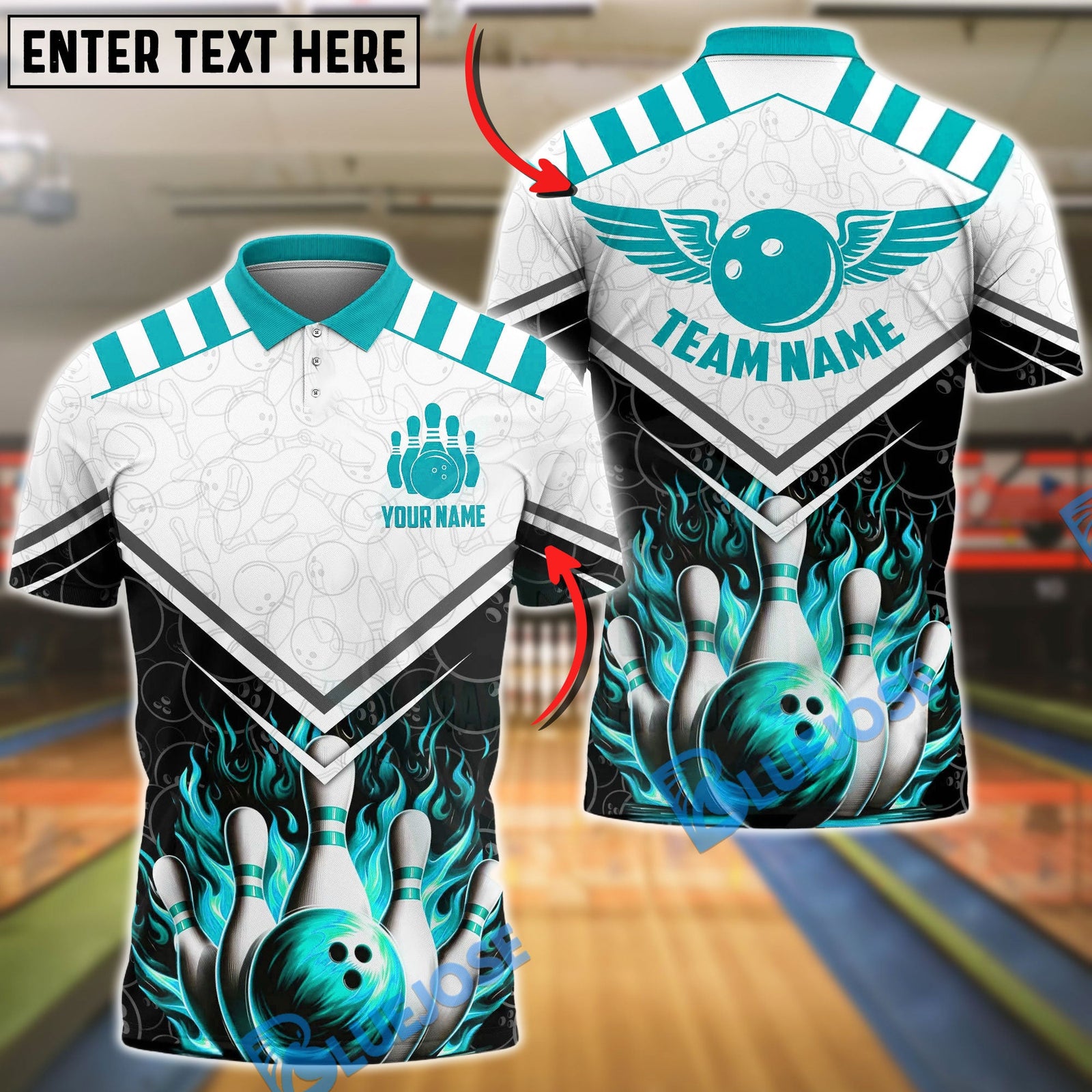 BlueJose Bowling & Pins Fire Wings Strike Design Customized Name, Team Name 3D Shirt (4 Colors)