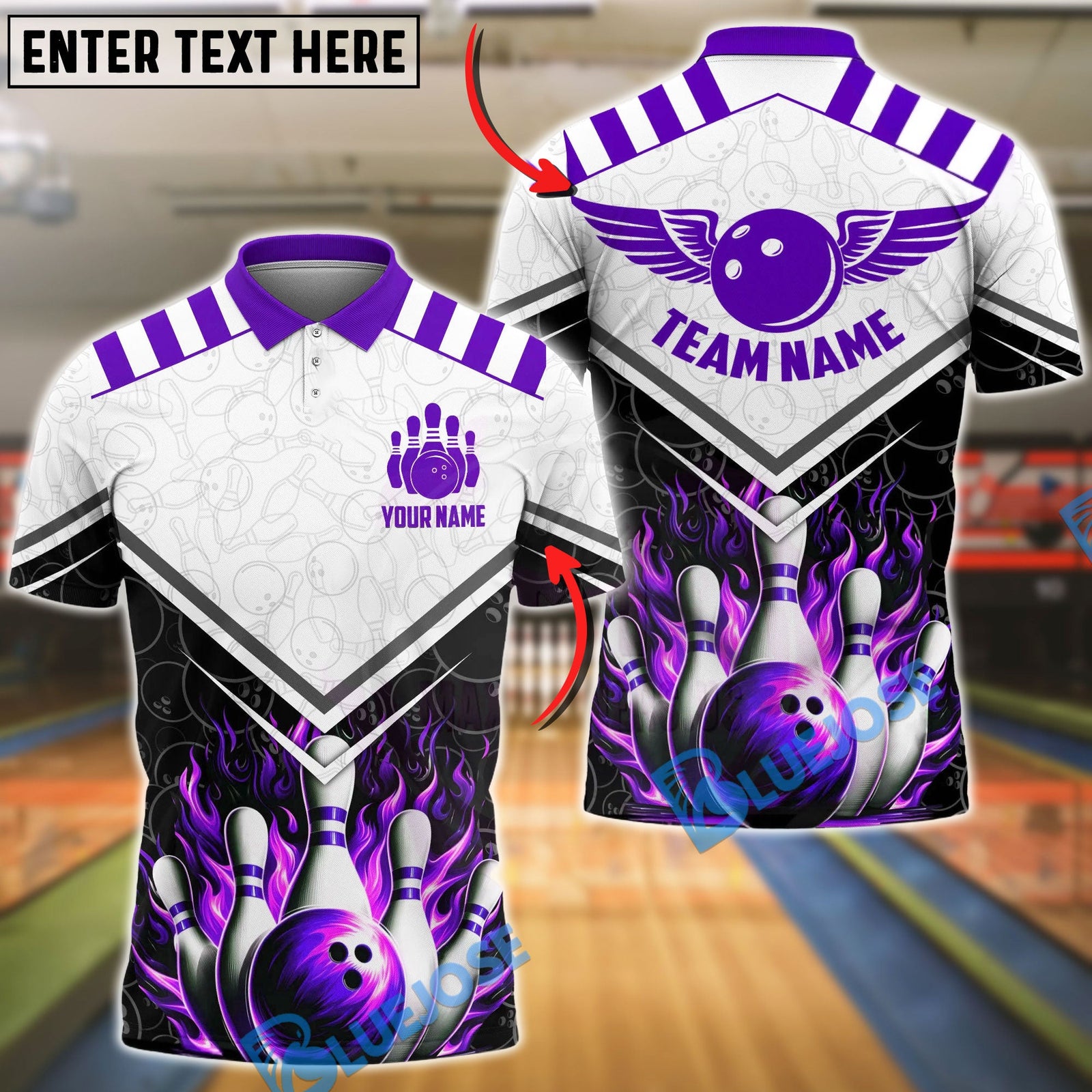BlueJose Bowling & Pins Fire Wings Strike Design Customized Name, Team Name 3D Shirt (4 Colors)