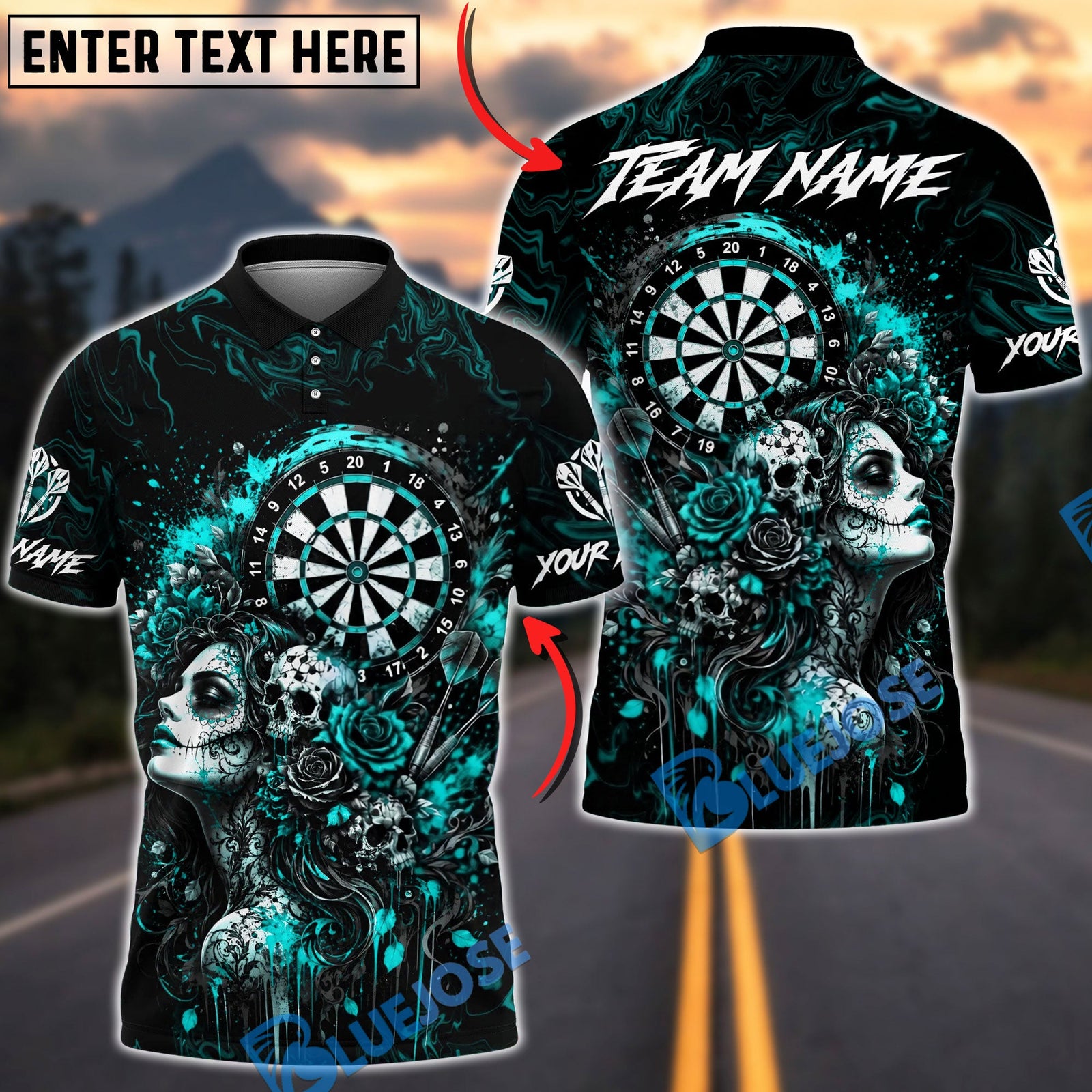 BlueJose Darts Gothic Beauty Skull Art Personalized Name, Team Name Unisex Shirt (4 Colors)