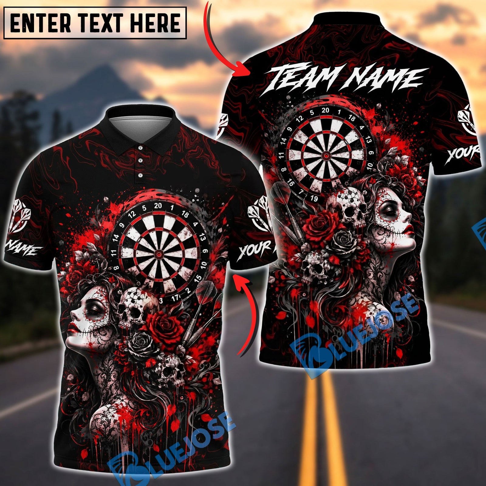 BlueJose Darts Gothic Beauty Skull Art Personalized Name, Team Name Unisex Shirt (4 Colors)