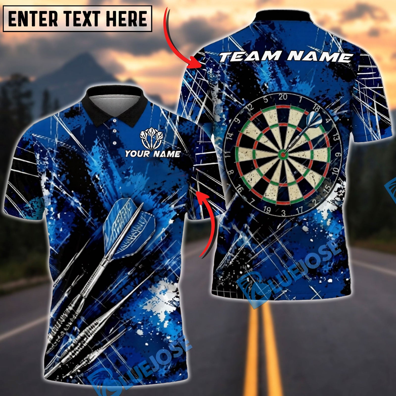 BlueJose Darts Dartboard White Dust Grunge Target Personalized Name, Team Name Unisex Shirt (4 Colors)