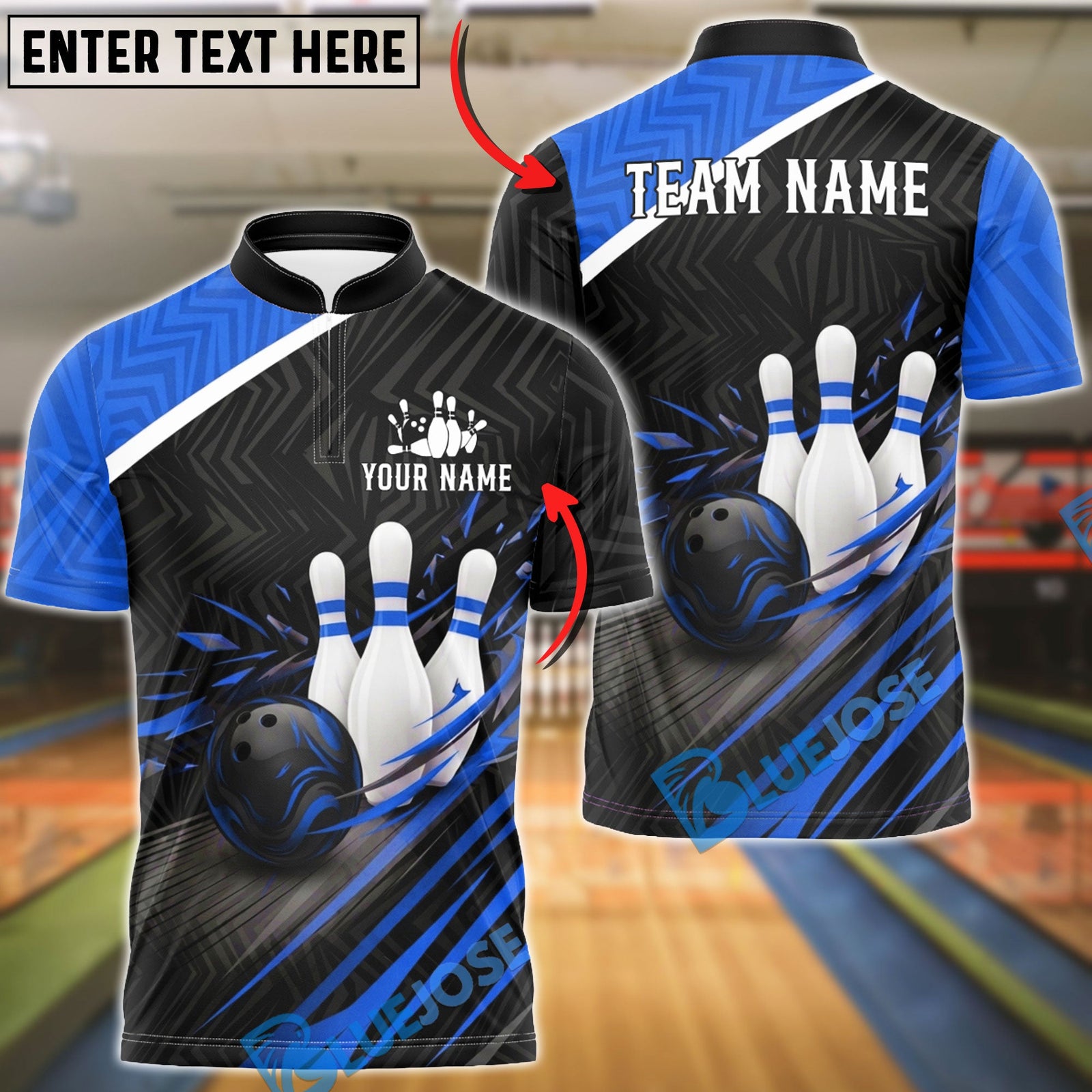 BlueJose Bowling And Pins Apex Pro-Series Customized Name, Team Name 3D Shirt (4 Colors)