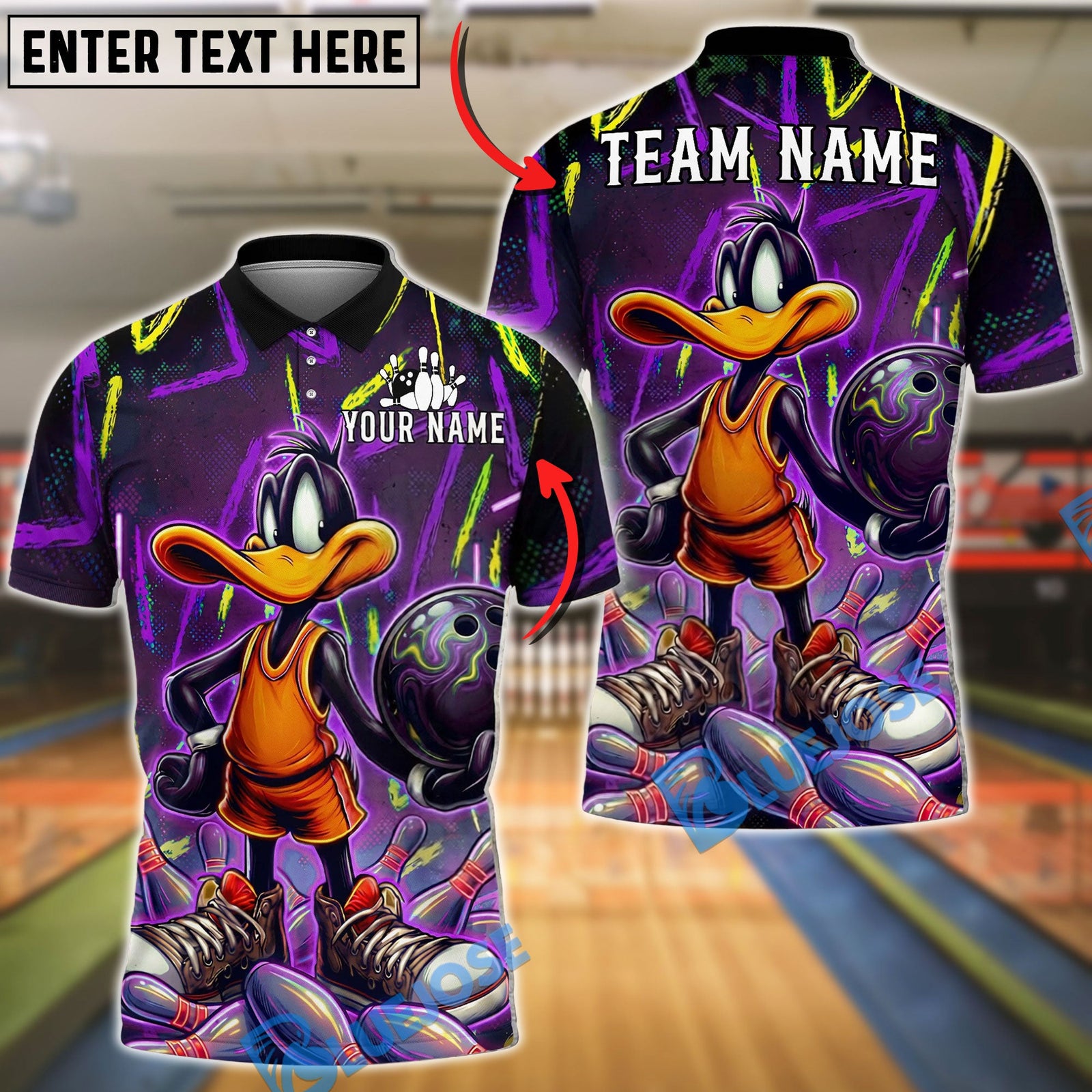 BlueJose Bowling And Pins Duck Neon Graffiti Strike Art Customized Name, Team Name 3D Shirt (4 Colors)