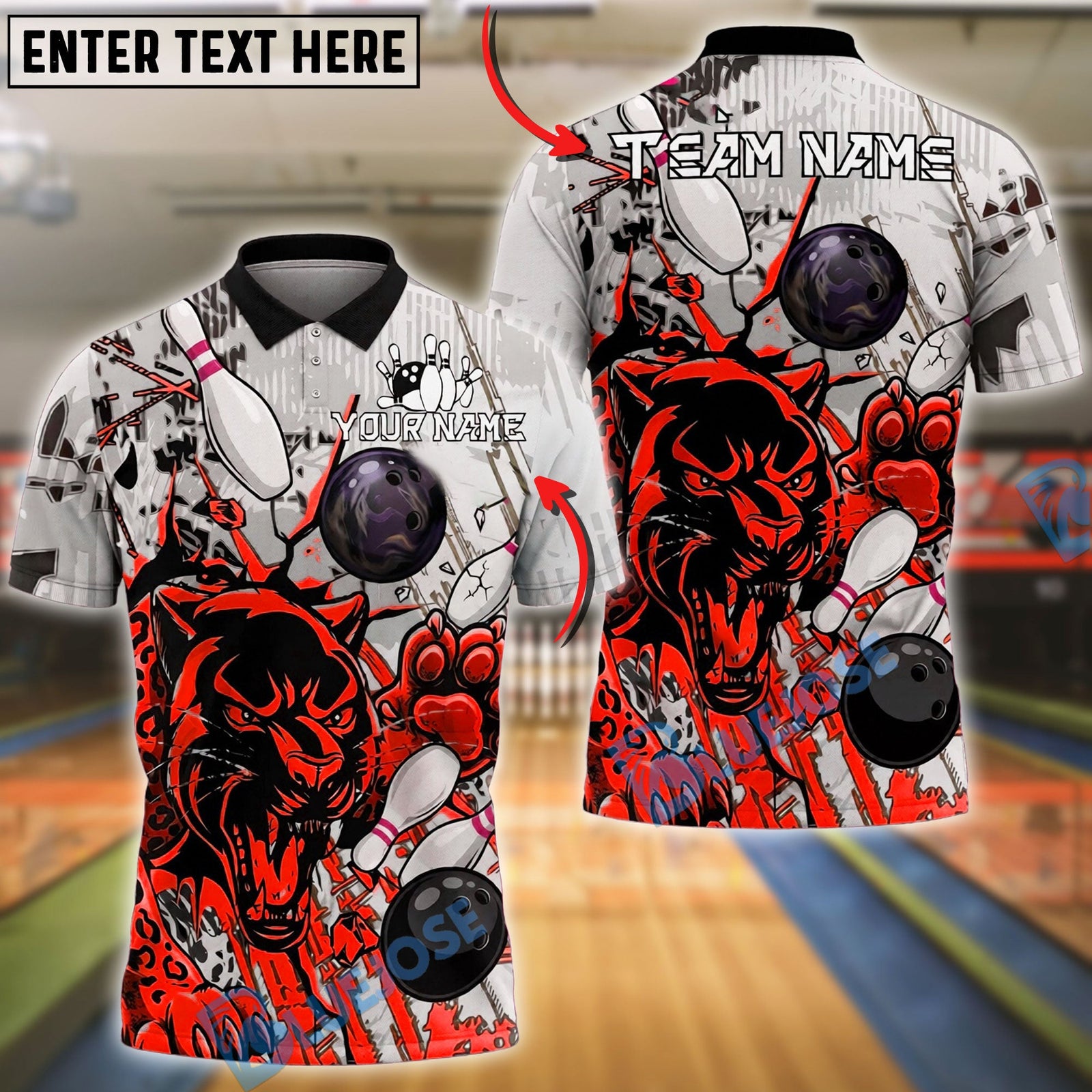 BlueJose Bowling And Pins Panther Break Wall Paint Customized Name, Team Name 3D Shirt (6 Colors)