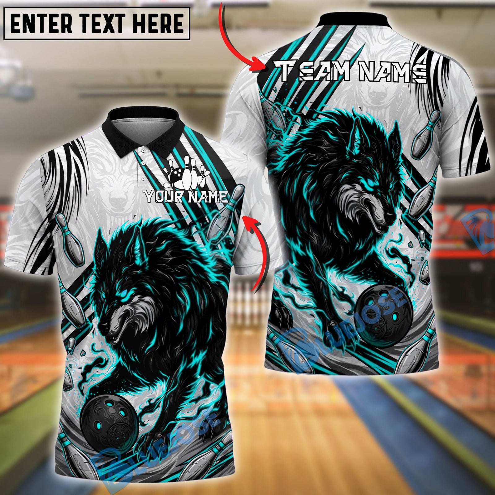 BlueJose Bowling And Pins Fierce Wolf Flame Scratch Pattern Customized Name, Team Name 3D Shirt (4 Colors)