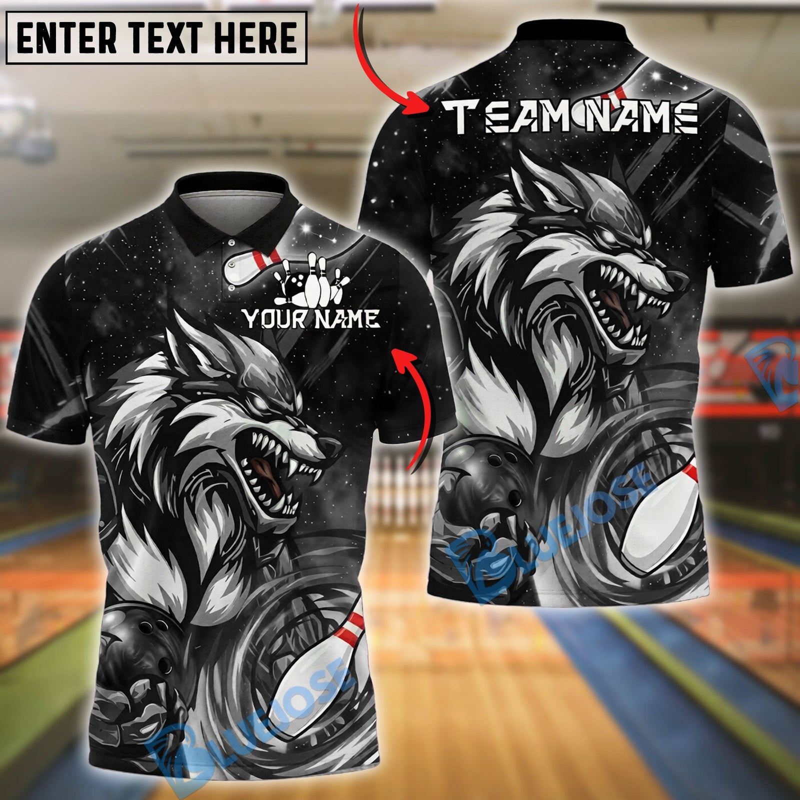 BlueJose Bowling And Pins Swirl Cosmic Wolf Customized Name, Team Name 3D Shirt (6 Colors)