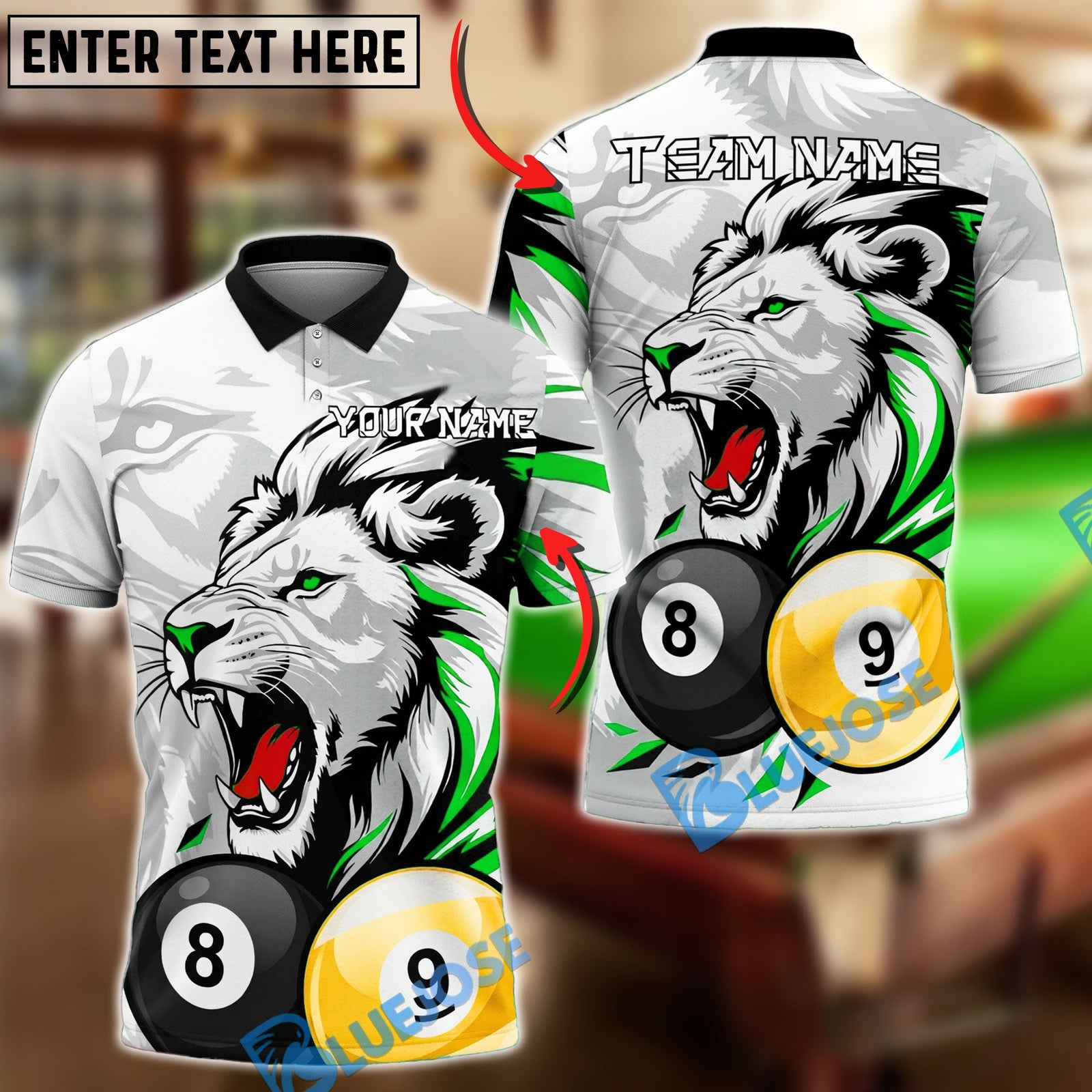 BlueJose Billiards Ball 8&9 Lion Accent Roaring Power Design Personalized Name Shirt (4 Colors)