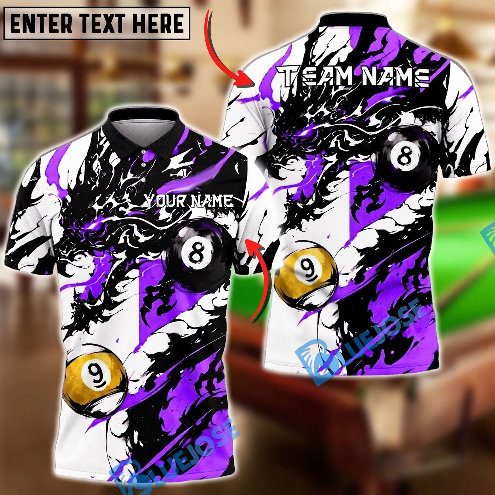BlueJose Billiards Ball 8&9 Dragon Black Ink Splash Artistic Design Personalized Name Shirt (6 Colors)