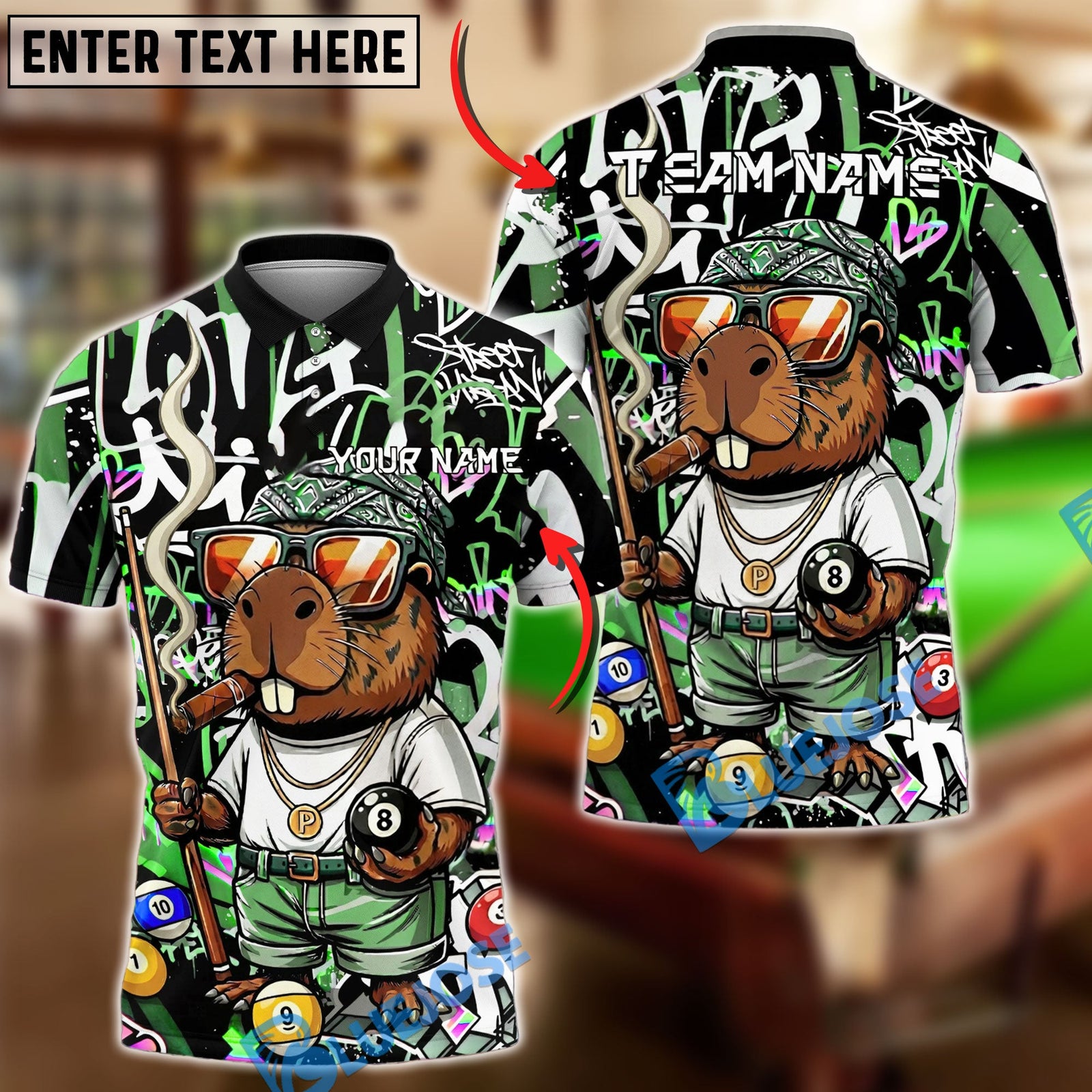 BlueJose Billiards Ball 8 Capybara Funny Gangster Graffiti Style Personalized Name Shirt (4 Colors)