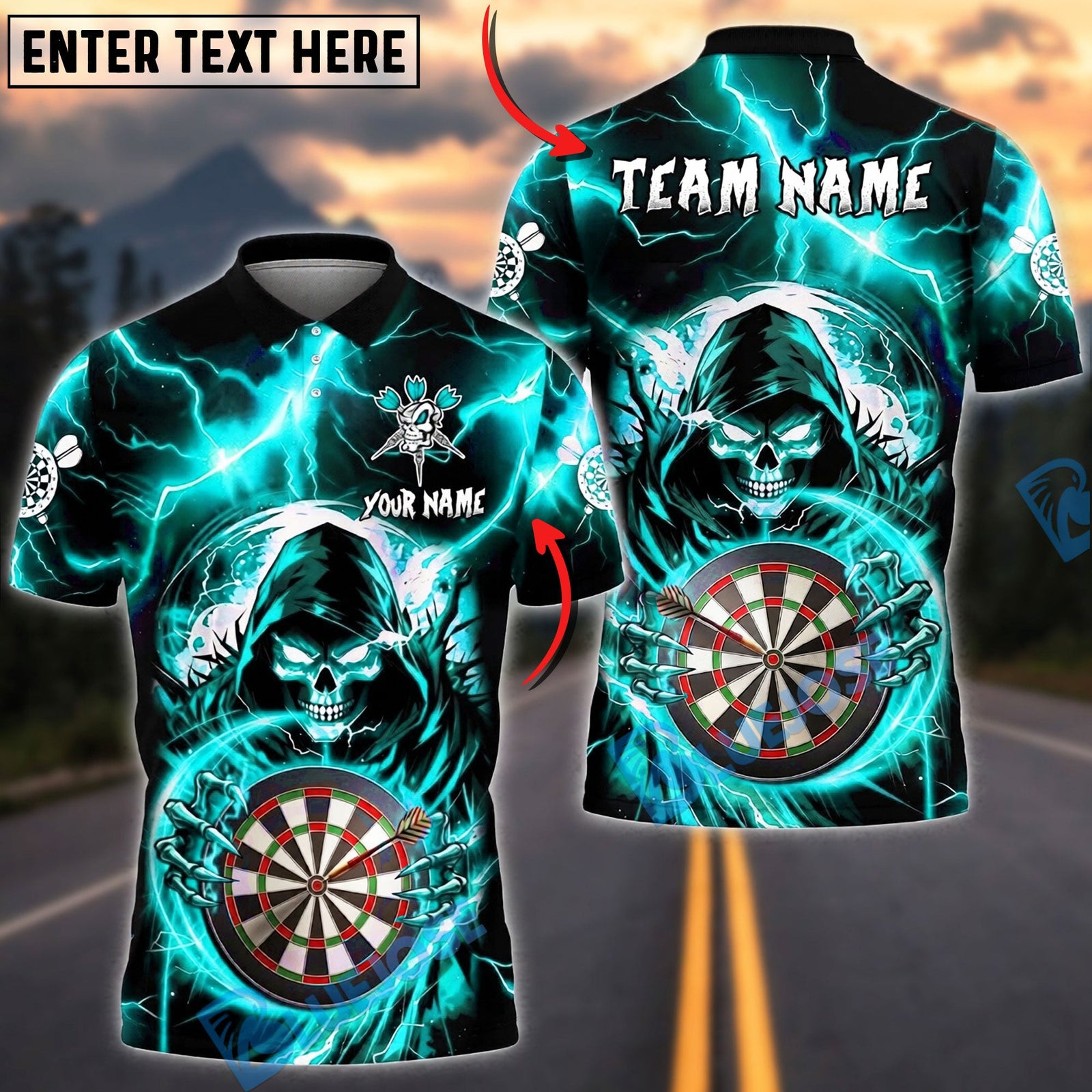 BlueJose Darts Grim Reaper Skull Lightning Hold Dartboard Personalized Name, Team Name Unisex Shirt (4 Colors)