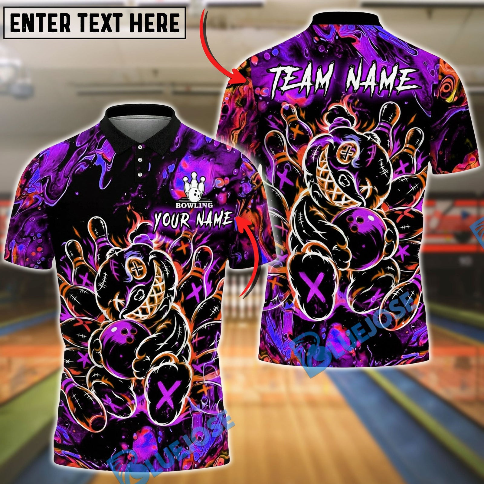 BlueJose Bowling And Pins X Crazy Bear Neon Graffiti Street Style Customized Name, Team Name 3D Shirt (4 Colors)