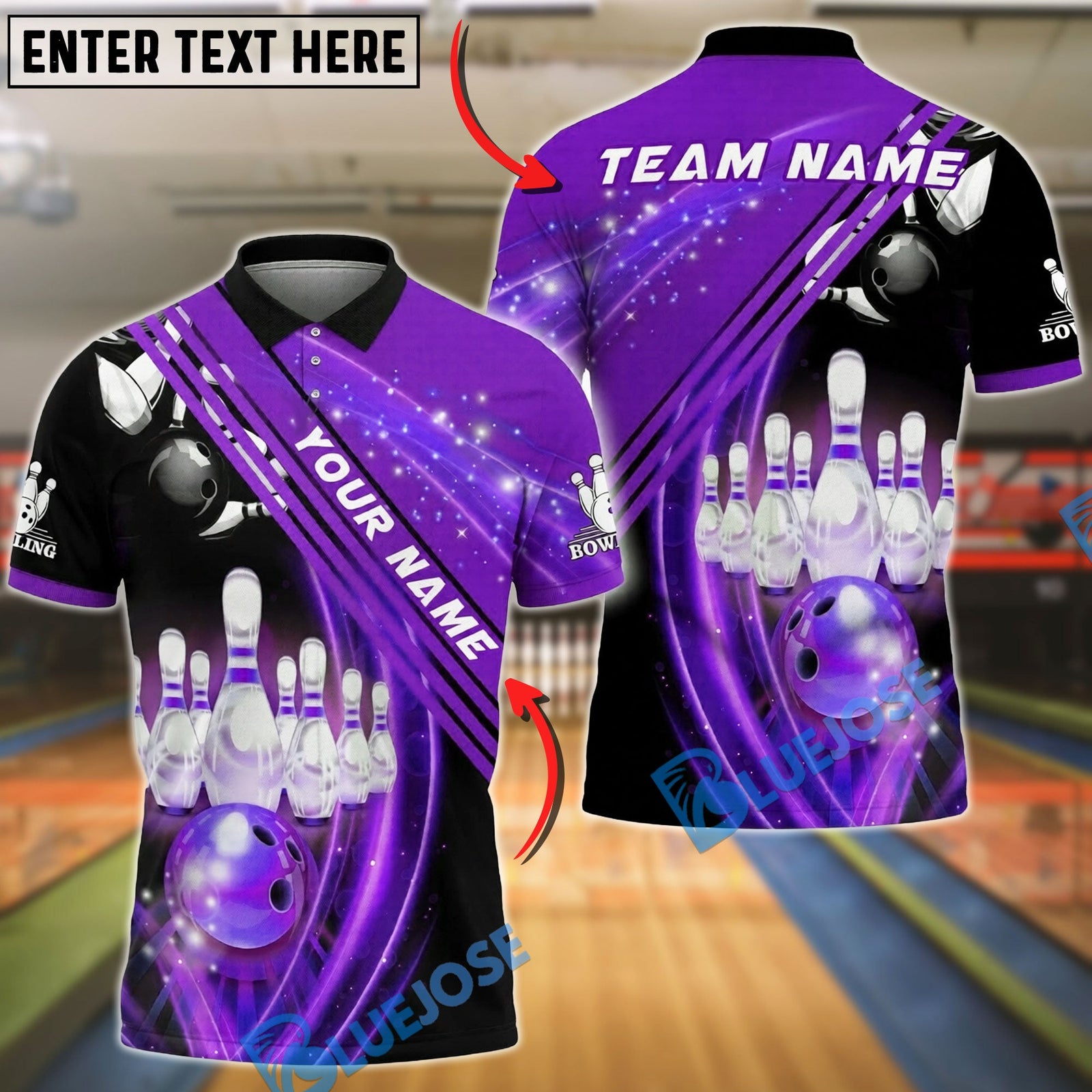 BlueJose Bowling And Pins Strike Sparkle Design Customized Name, Team Name 3D Shirt (4 Colors)