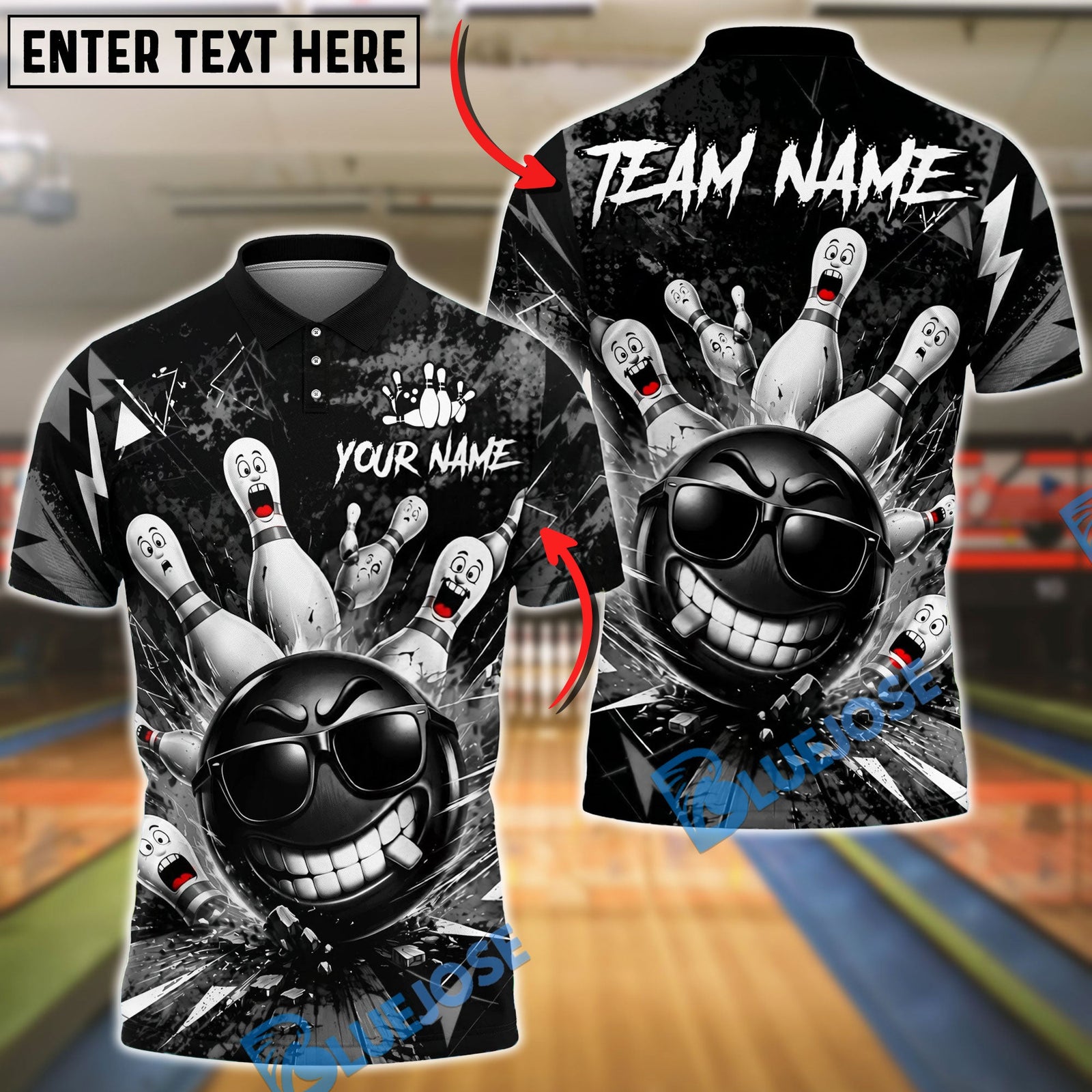 BlueJose Bowling And Pins Cool Gangster Strike Customized Name, Team Name 3D Shirt (6 Colors)