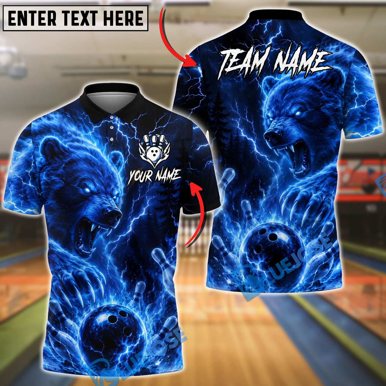 BlueJose Bowling And Pins Thunder Bear Lightning Clap Design Customized Name, Team Name 3D Shirt (4 Colors)