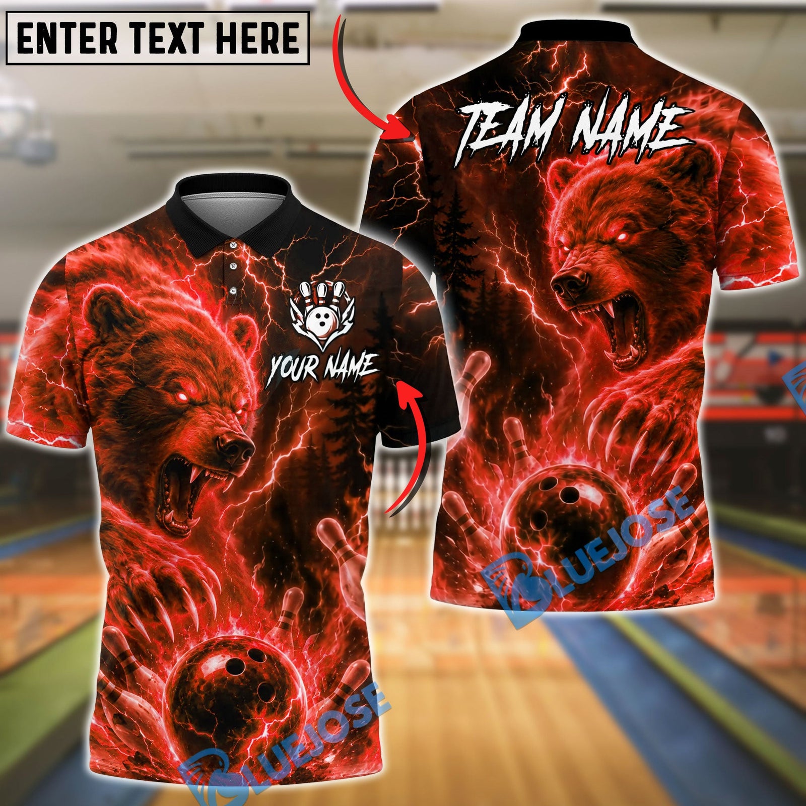 BlueJose Bowling And Pins Thunder Bear Lightning Clap Design Customized Name, Team Name 3D Shirt (4 Colors)