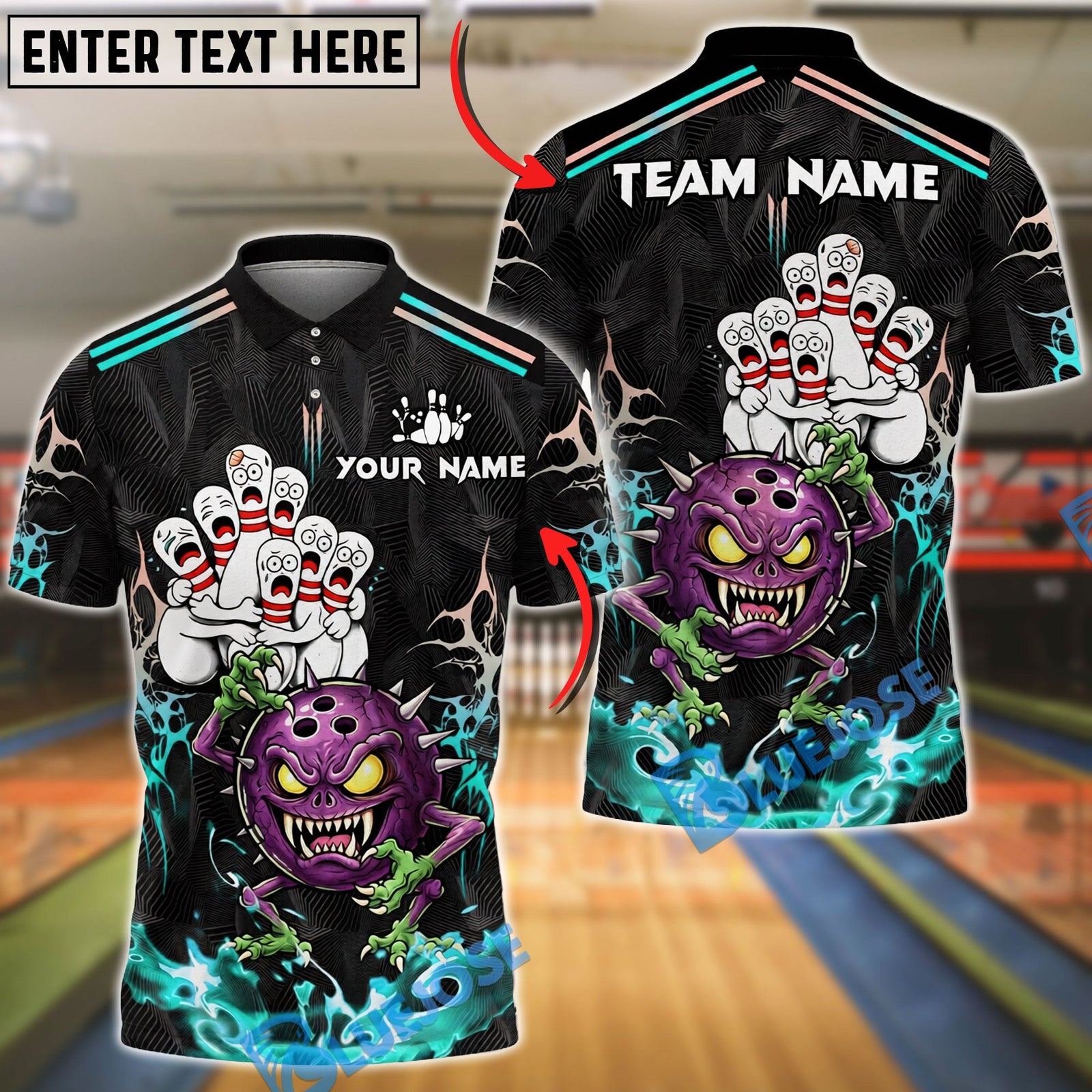 BlueJose Bowling Monster Pin Attack Dark Horror Customized Name, Team Name 3D Shirt (6 Colors)