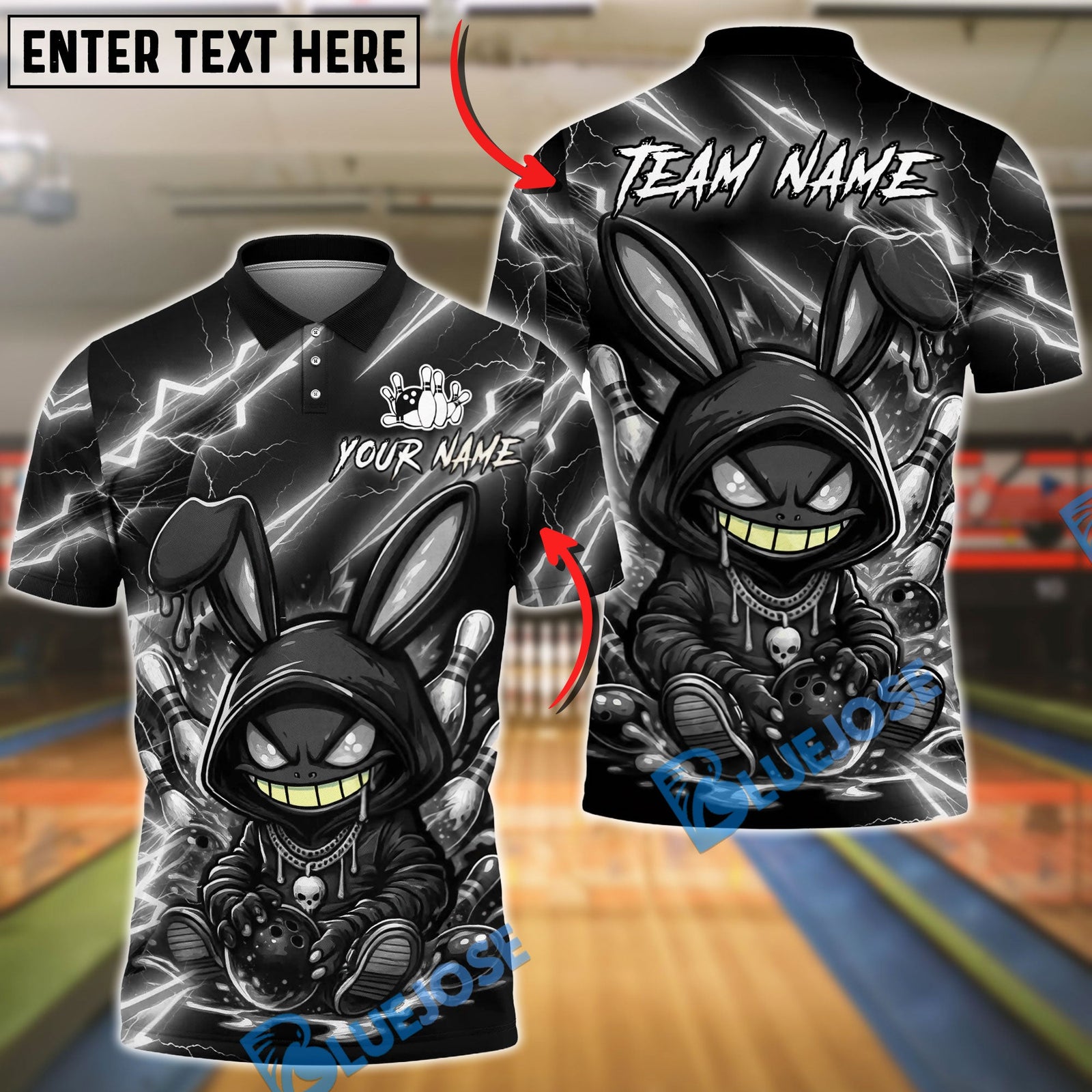 BlueJose Bowling And Pins Hooded Bunny Neon Lightning Art Customized Name, Team Name 3D Shirt (6 Colors)