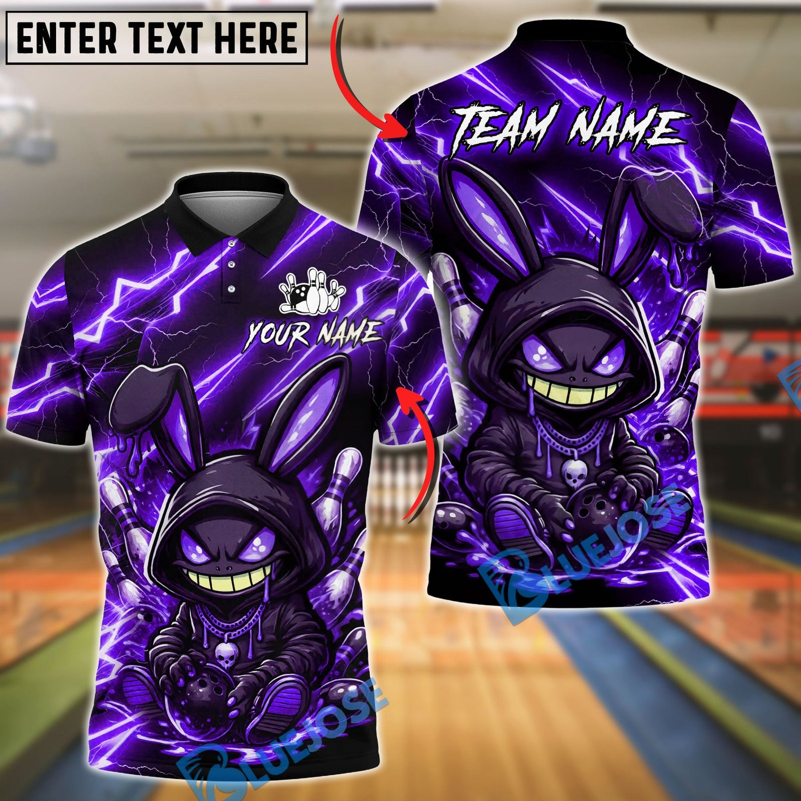BlueJose Bowling And Pins Hooded Bunny Neon Lightning Art Customized Name, Team Name 3D Shirt (6 Colors)