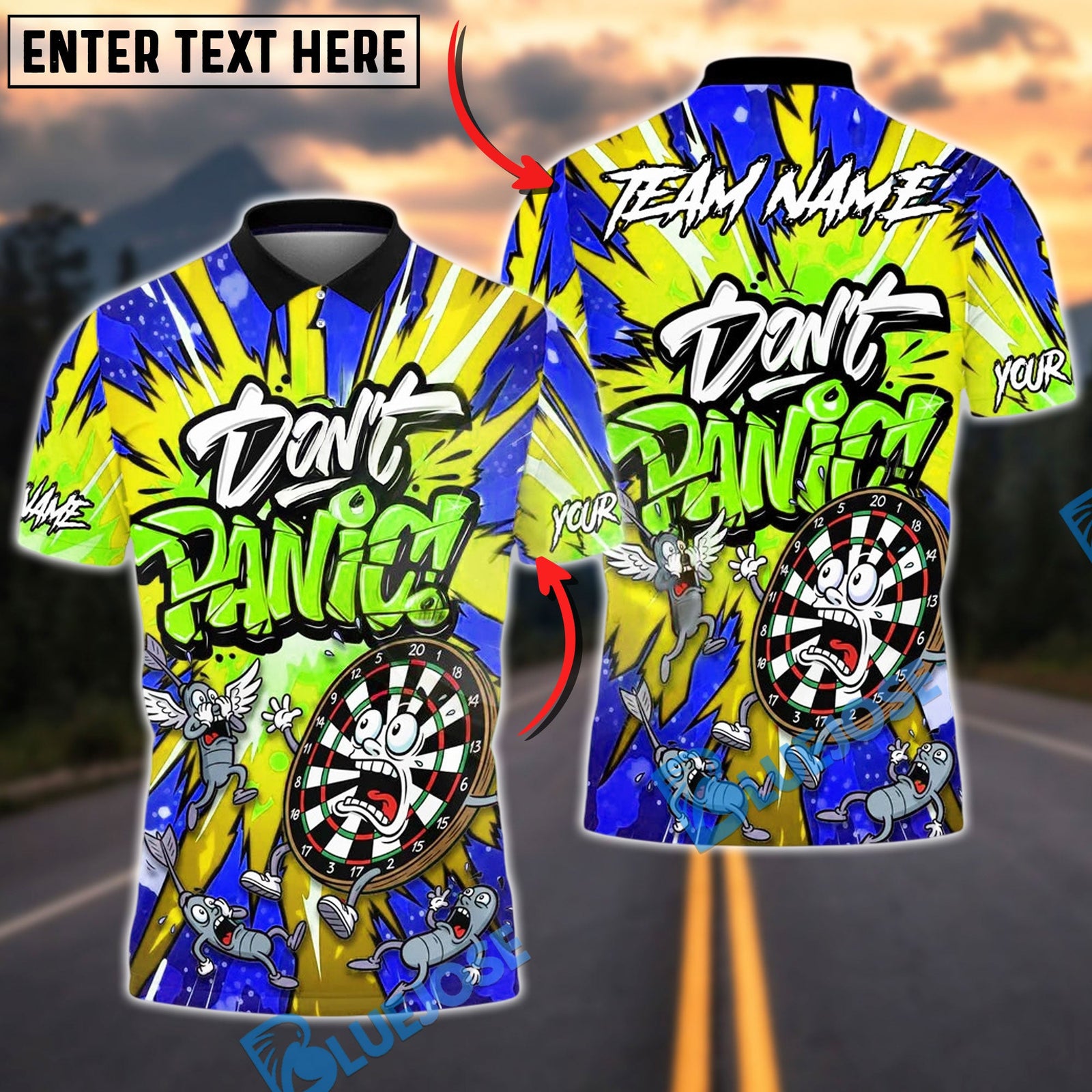 BlueJose Darts Don’t Panic Graffiti Art Funny Dartboard Customized Name, Team Name 3D Shirt (4 Colors)
