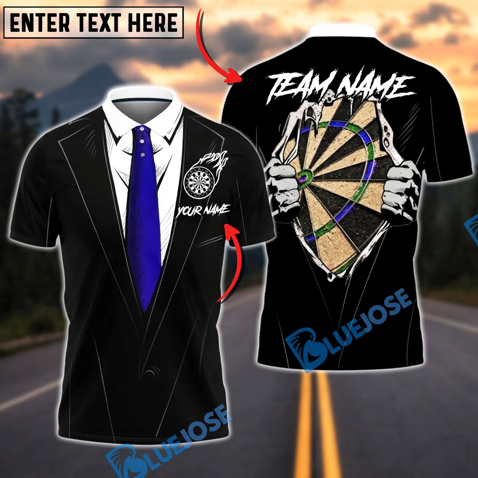 BlueJose Darts Tuxedo Style Hidden Dartboard Customized Name, Team Name 3D Shirt (4 Colors)