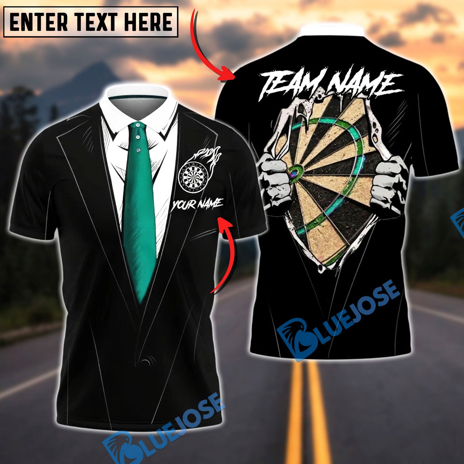 BlueJose Darts Tuxedo Style Hidden Dartboard Customized Name, Team Name 3D Shirt (4 Colors)