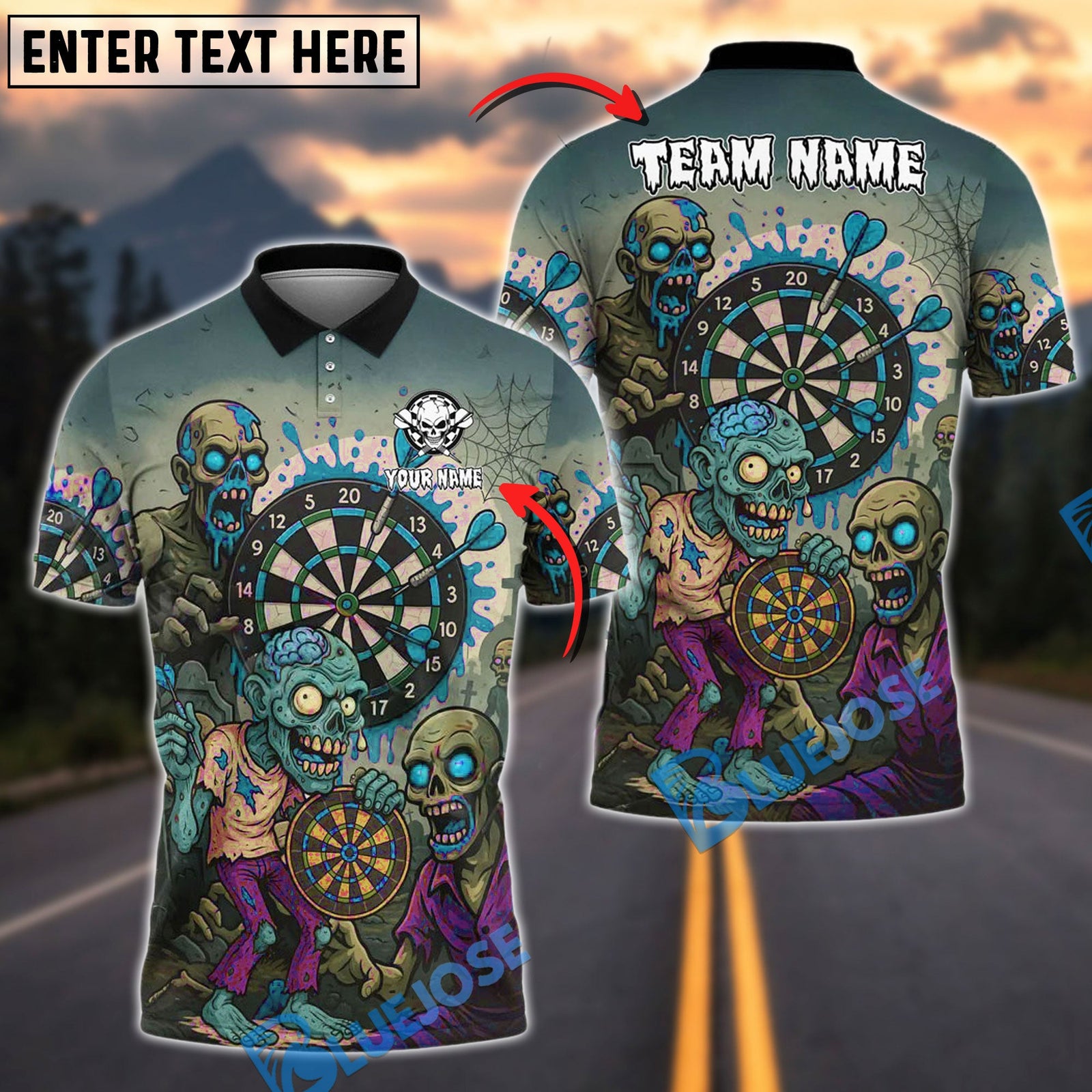 BlueJose Darts Zombie Attack Personalized Name, Team Name Shirt (4 Colors)