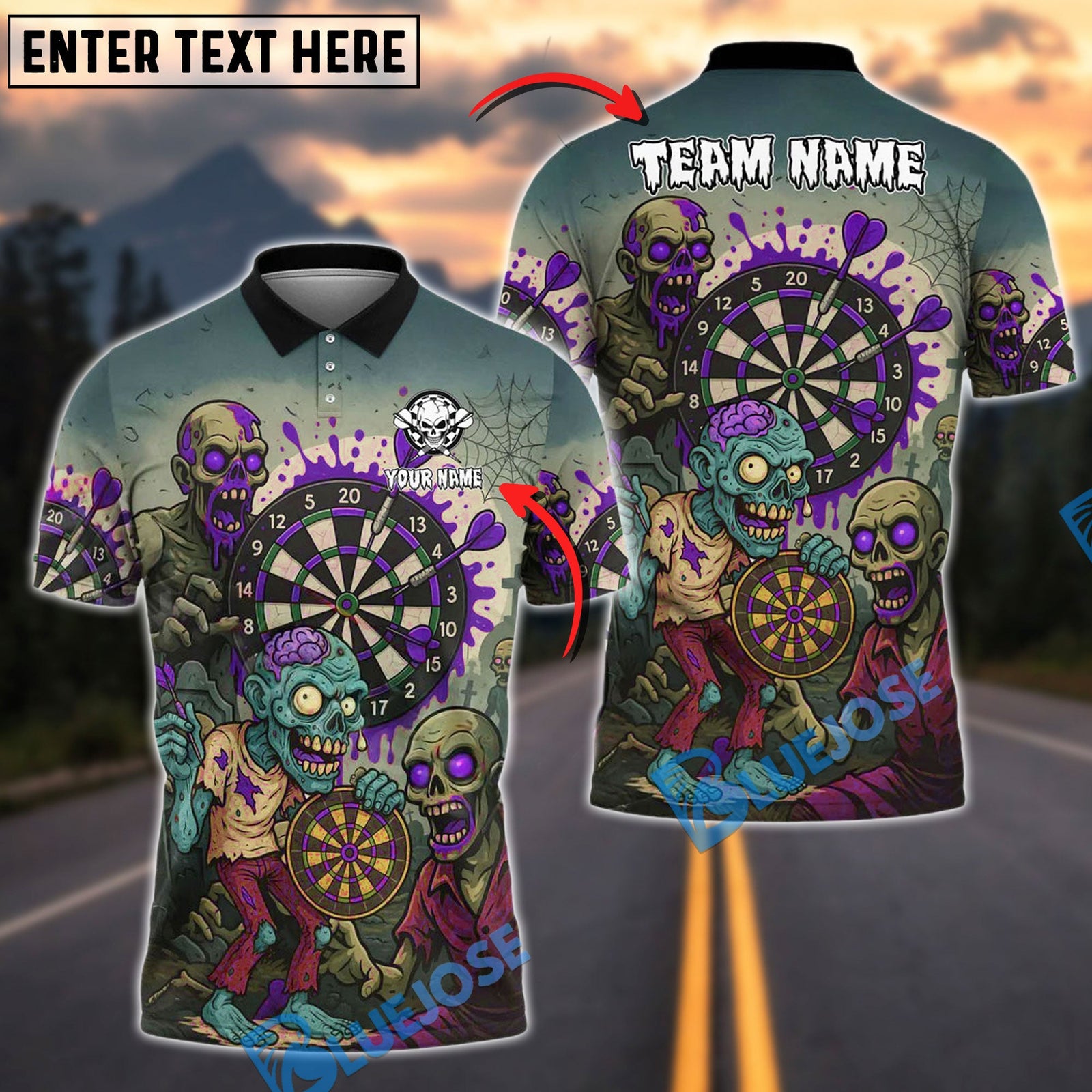 BlueJose Darts Zombie Attack Personalized Name, Team Name Shirt (4 Colors)