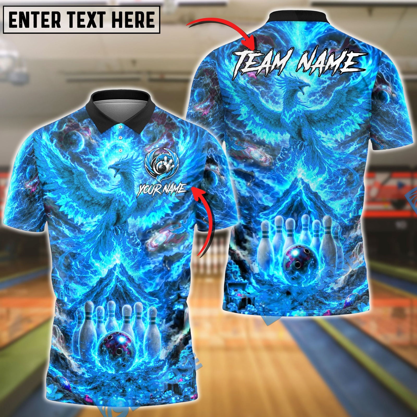 BlueJose Bowling And Pins Fire Phoenix Volcanic Customized Name, Team Name 3D Shirt (4 Colors)