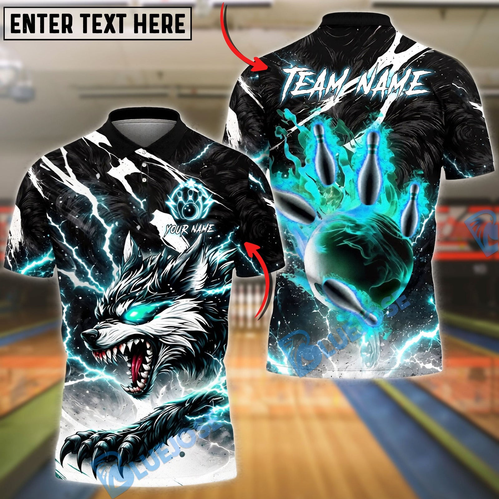 BlueJose Bowling And Pins Neon Thunder Wolf Strike Design Customized Name, Team Name 3D Shirt (4 Colors)