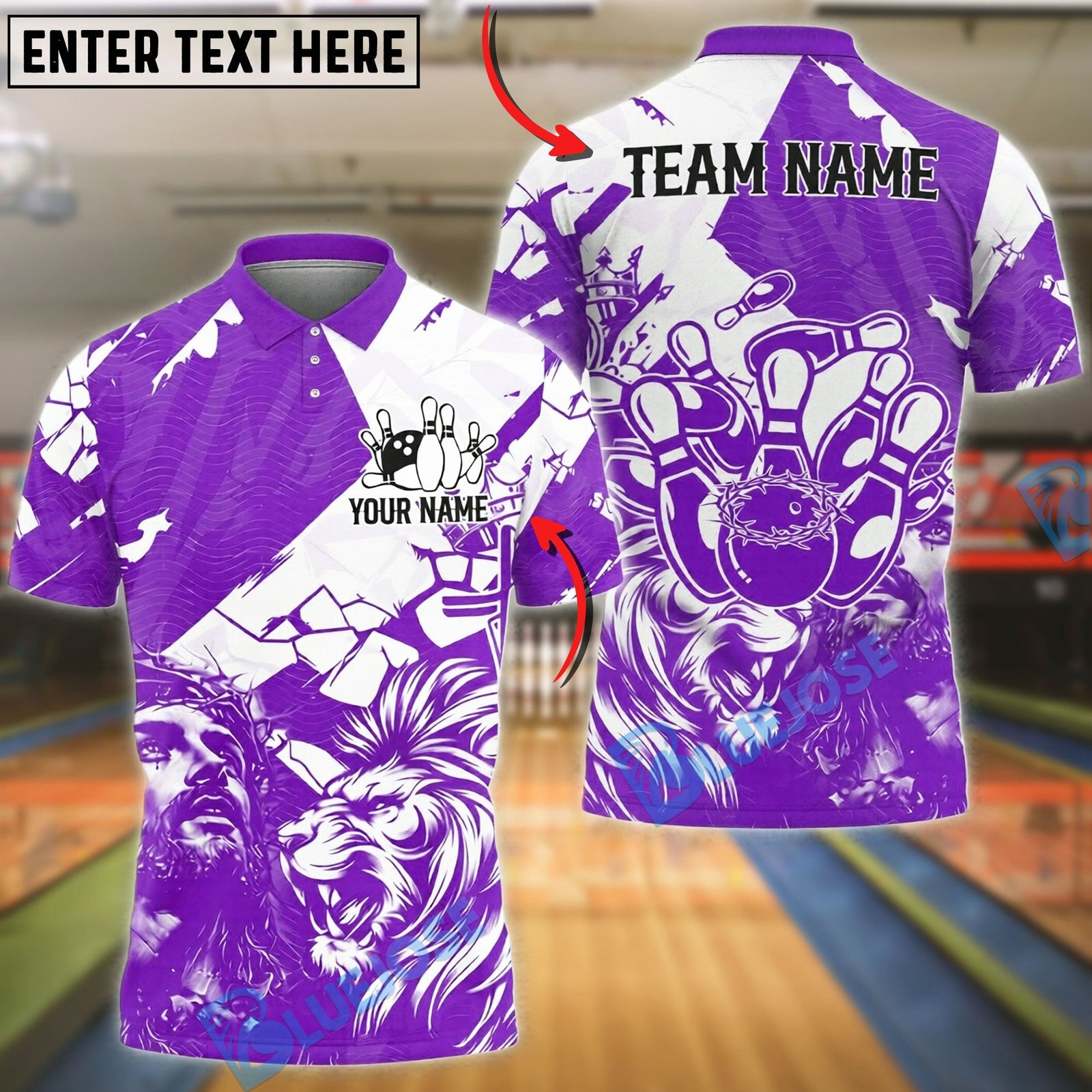 BlueJose Bowling And Pins Jesus Lion King Strike Customized Name, Team Name 3D Shirt (4 Colors)