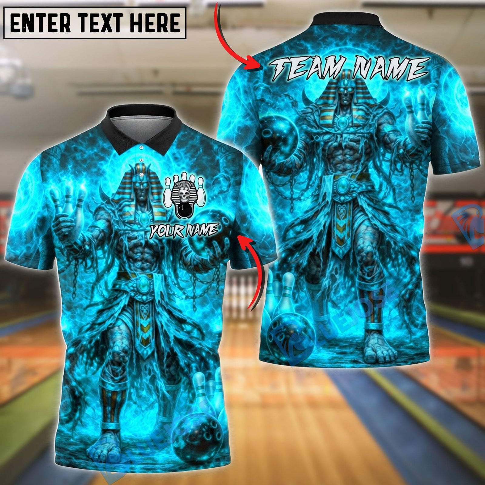 BlueJose Bowling And Pins Dark Pharaoh Thunder Customized Name, Team Name 3D Shirt (4 Colors)