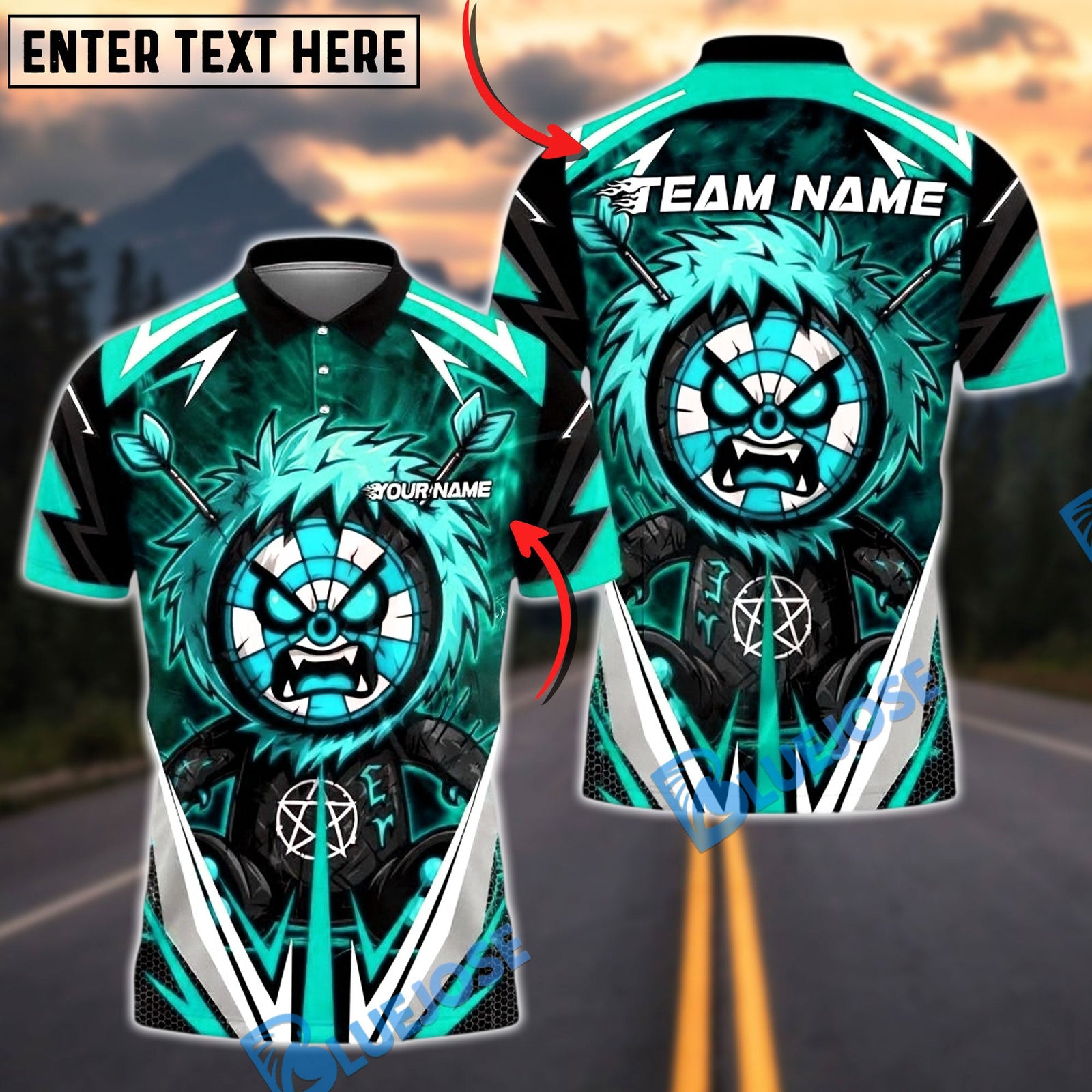 BlueJose Darts Monster Paint Lightning Personalized Name, Team Name Unisex Shirt (4 Colors)