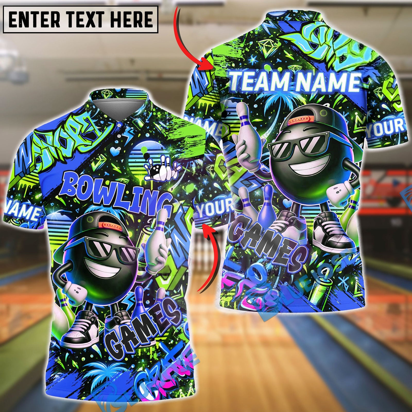 BlueJose Bowling & Pins Graffiti Game Character Customized Name, Team Name 3D Shirt (4 Colors)