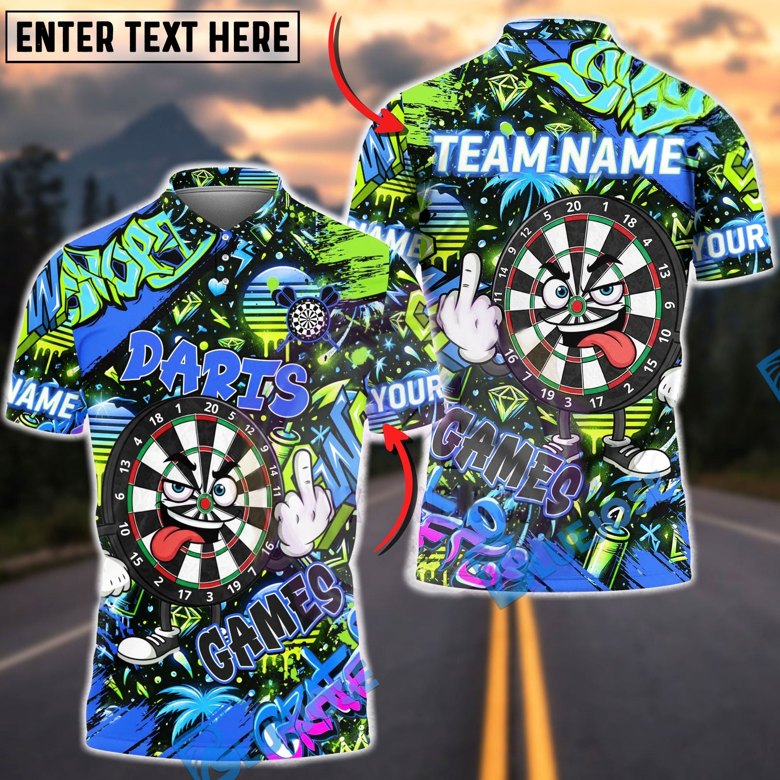 BlueJose Darts Graffiti Game Cartoon Dartboard Multicolor Options Personalized Name Shirt (4 Colors)
