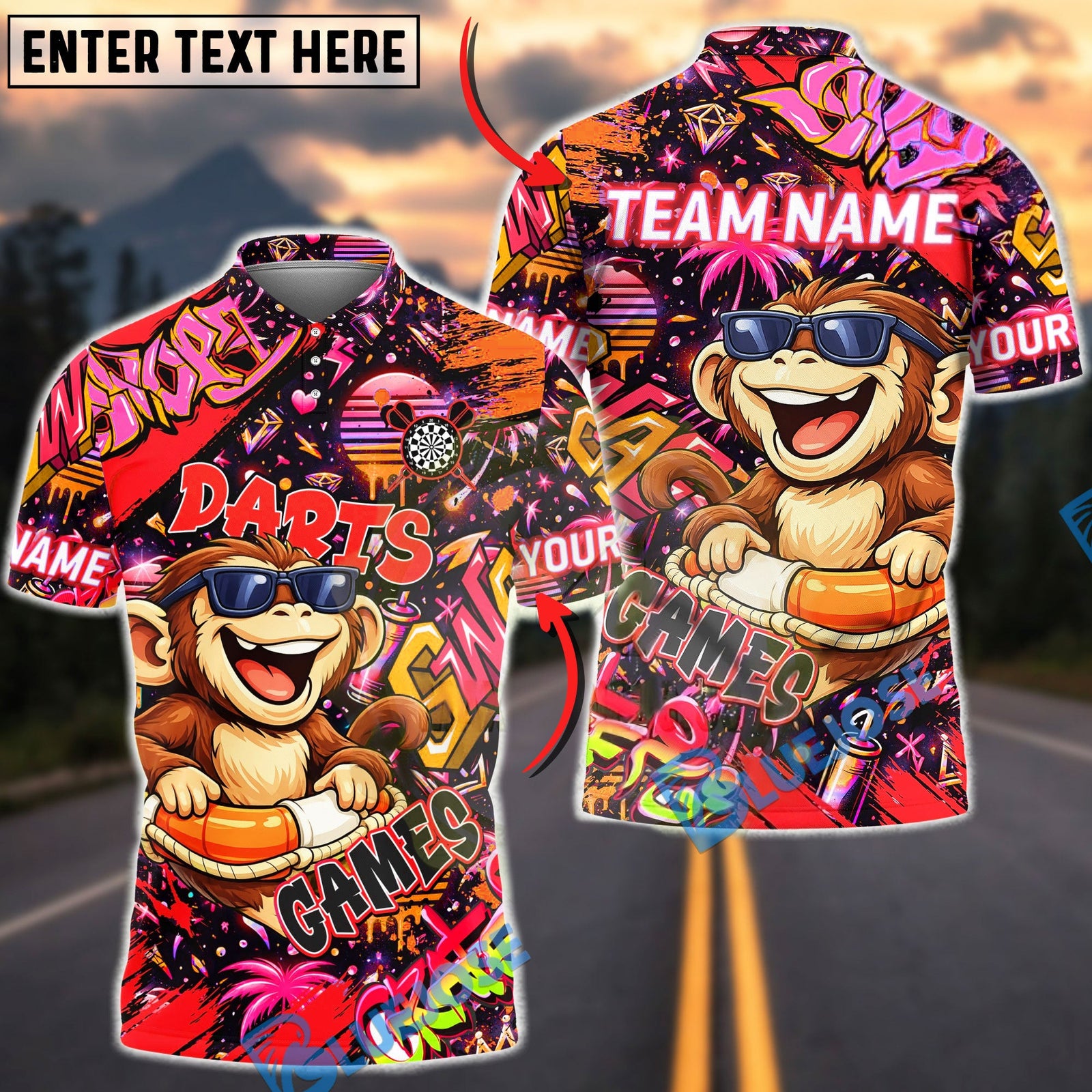 BlueJose Darts Graffiti Cool Monkey Game Character Multicolor Options Personalized Name Shirt (4 Colors)