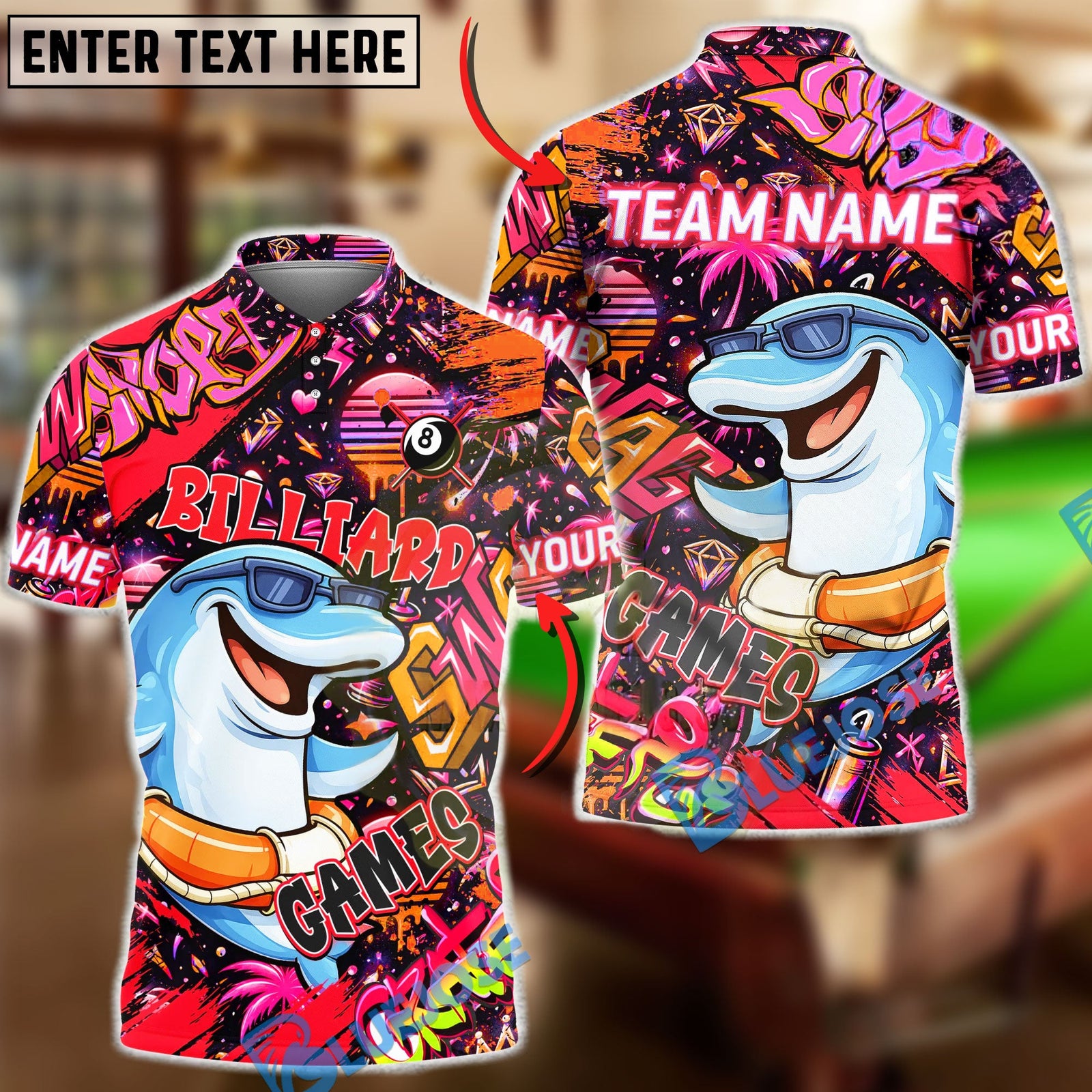 BlueJose Billiards Graffiti Cool Dolphin 8 Ball Character Personalized Name Shirt (4 Colors)
