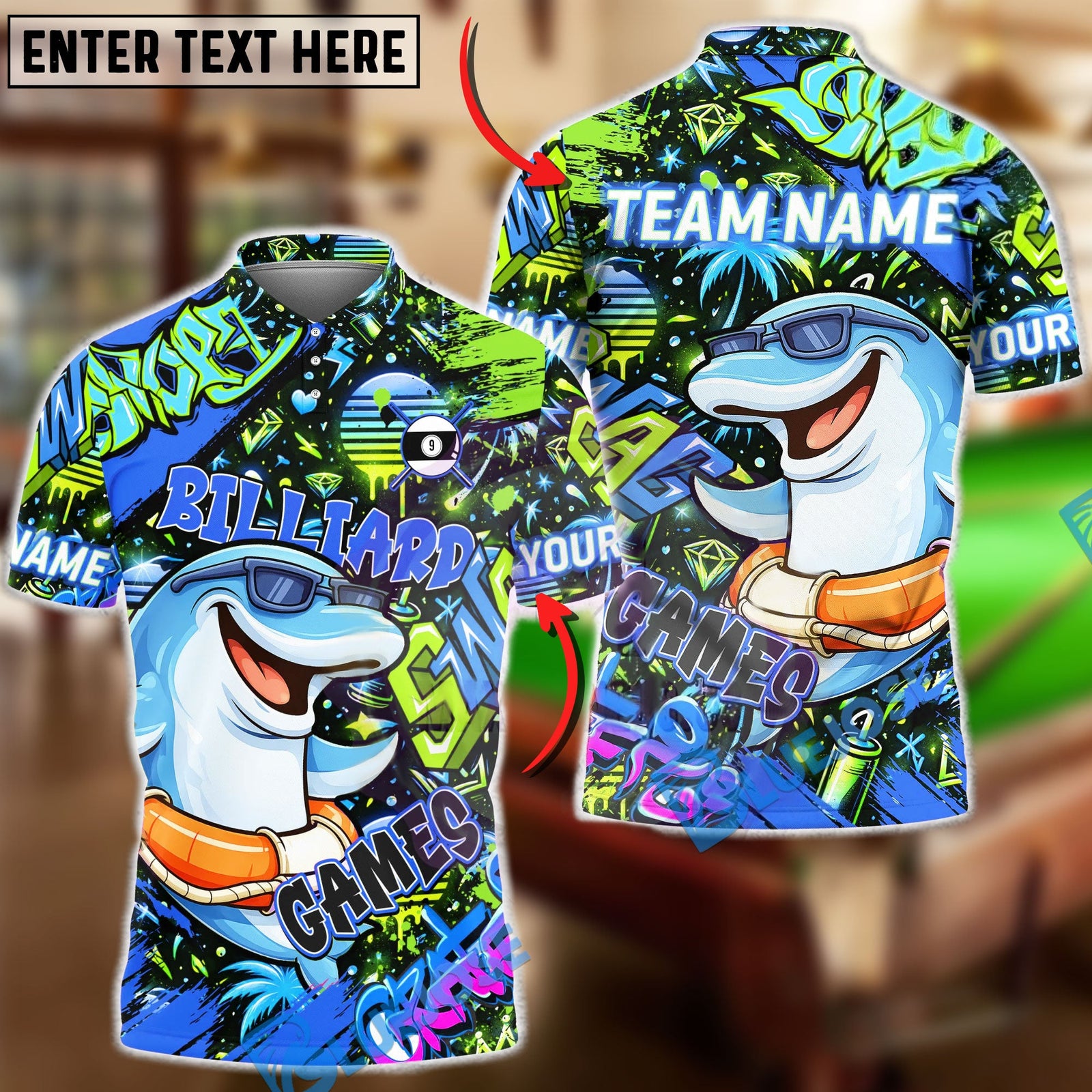 BlueJose Billiards Graffiti Cool Dolphin 9 Ball Character Personalized Name Shirt (4 Colors)