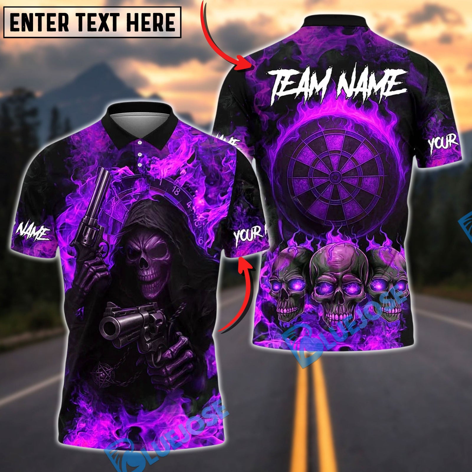 BlueJose Darts Flaming Skull Reaper And Gun Personalized Name, Team Name Unisex Shirt (4 Colors)