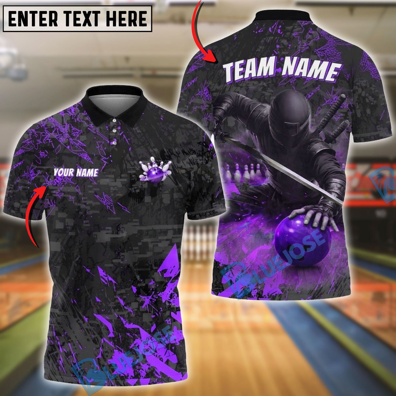 BlueJose Bowling & Pins Shadow Ninja Customized Name, Team Name 3D Shirt (4 Colors)