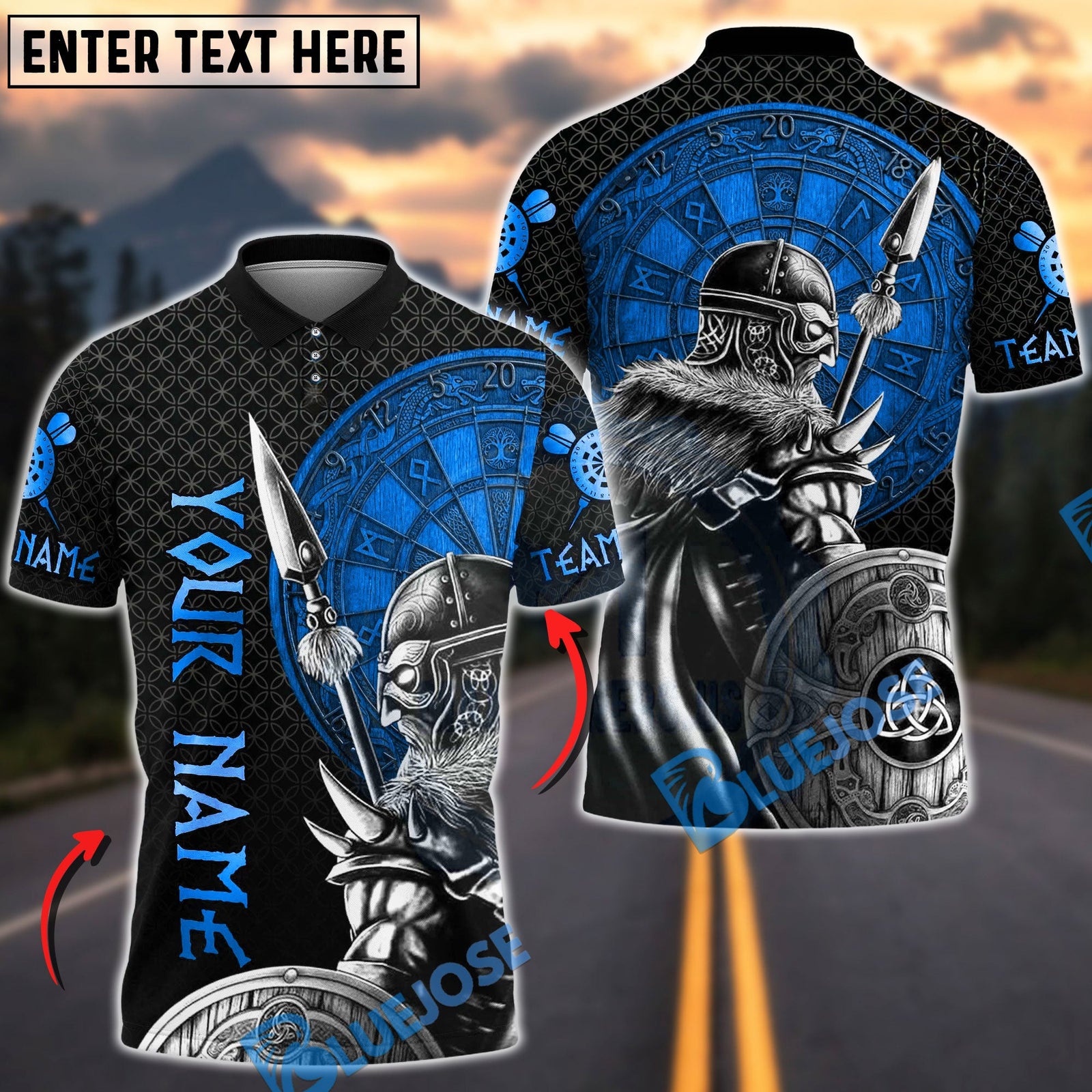 BlueJose Darts Viking Norse Warrior Rune Shield Multicolor Options Personalized Name Shirt (6 Colors)