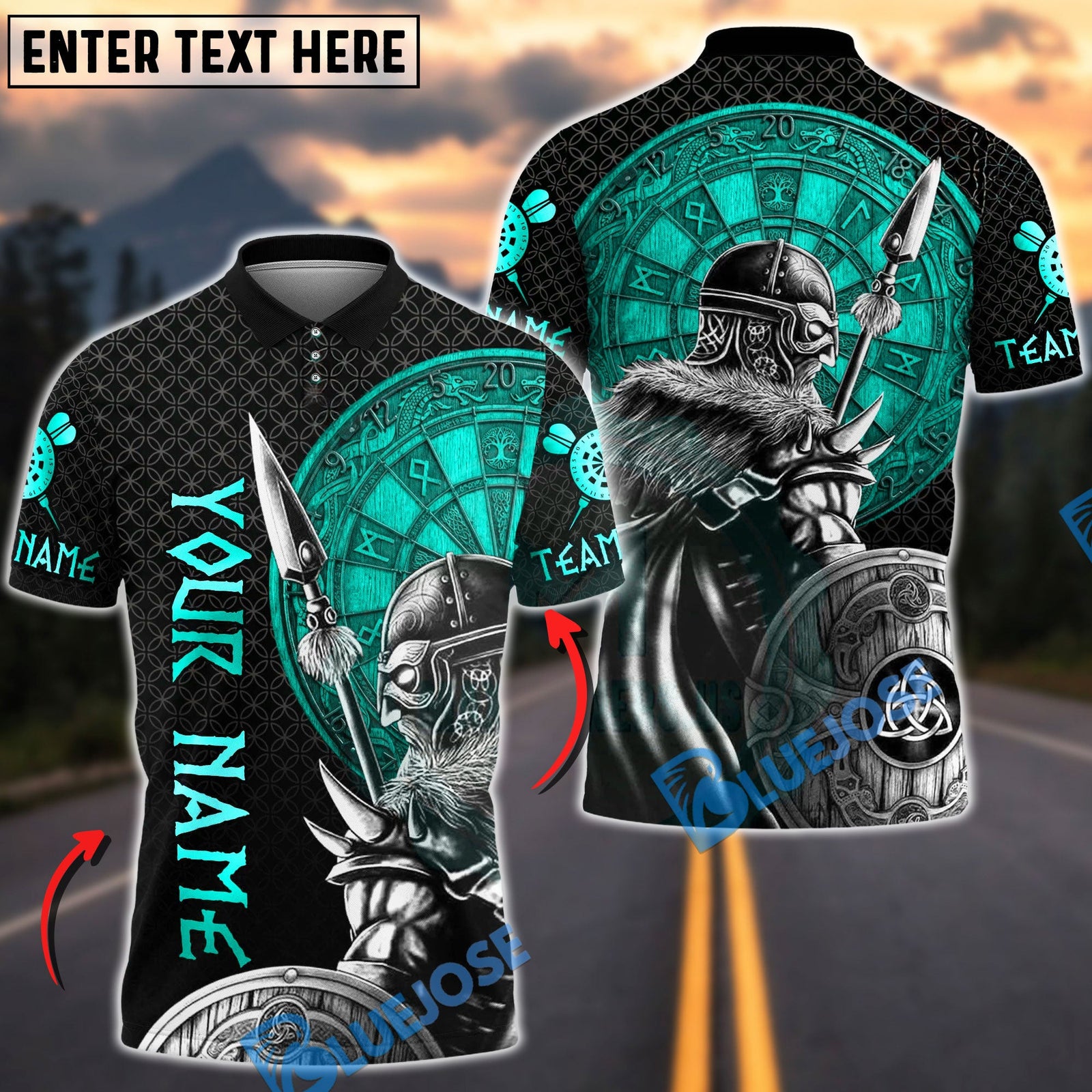 BlueJose Darts Viking Norse Warrior Rune Shield Multicolor Options Personalized Name Shirt (6 Colors)